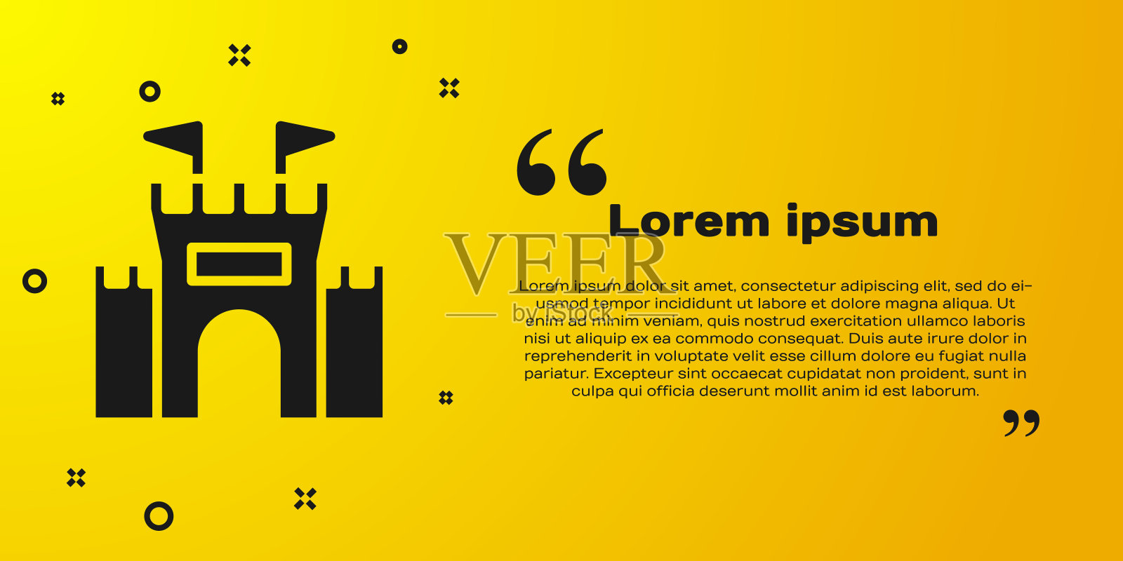 黑色城堡图标孤立在黄色背景上。向量设计模板素材