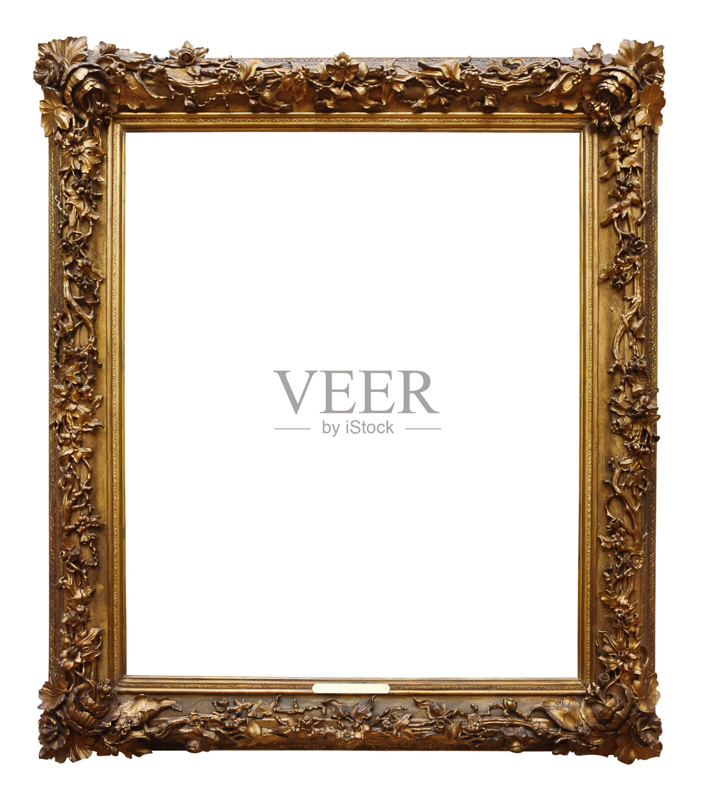 在白色的背景上画金色的木制框架照片摄影图片