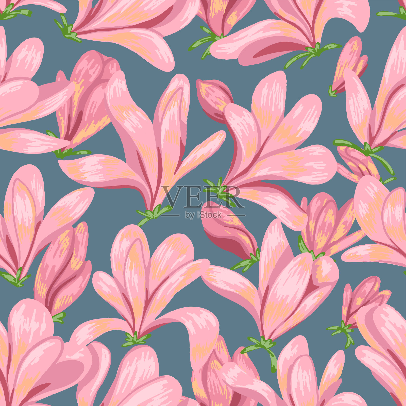 盛开的玉兰花型无缝。手绘矢量插图。春季植物背景。彩色的装饰。设计织物，纺织品，墙纸，印刷，装饰，包装。插画图片素材