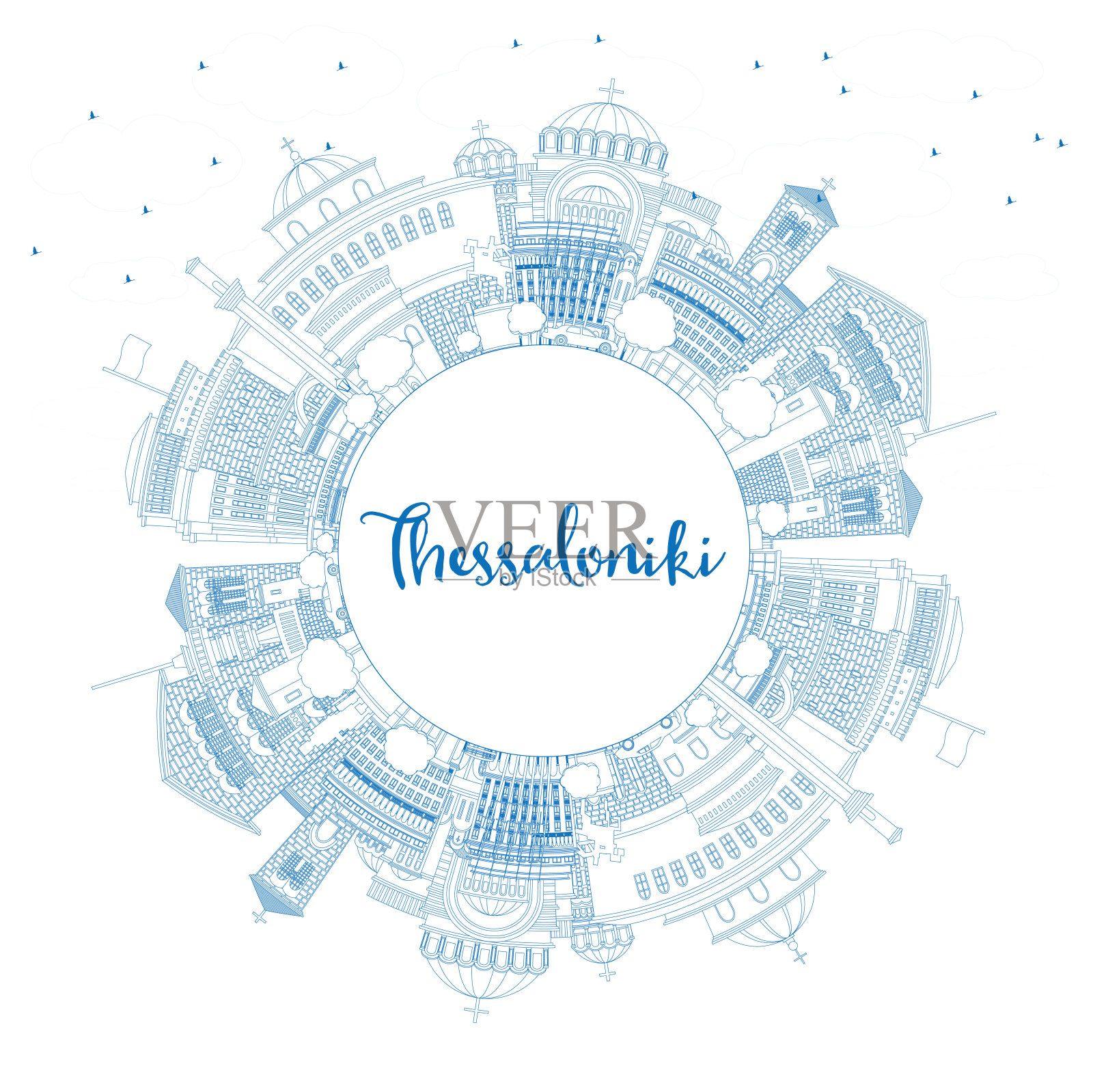 轮廓塞萨洛尼基希腊城市天际线与蓝色建筑和复制空间。插画图片素材