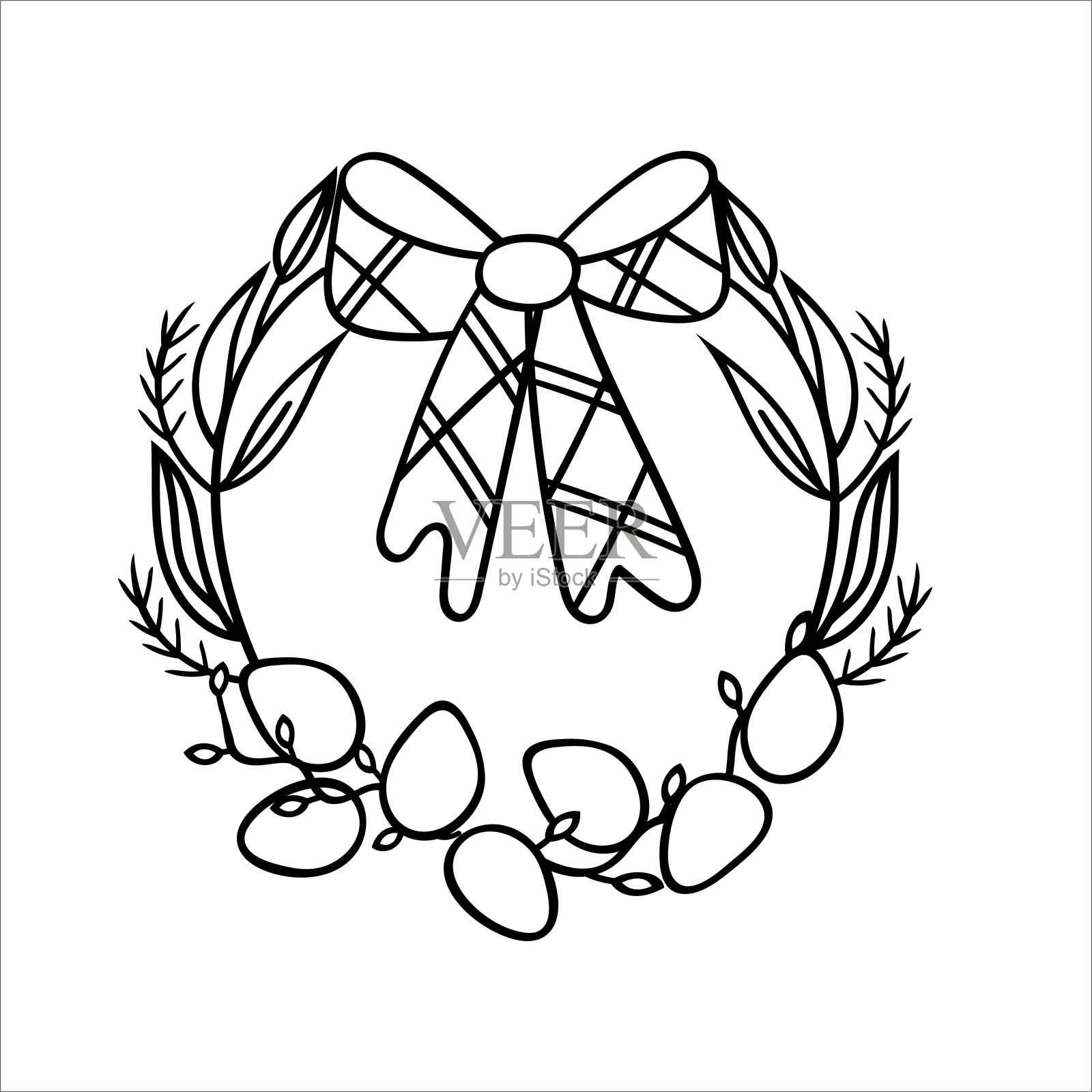 复活节花环上有彩蛋和蝴蝶结。矢量插图涂鸦风格。白色背景上的孤立物体。插画图片素材