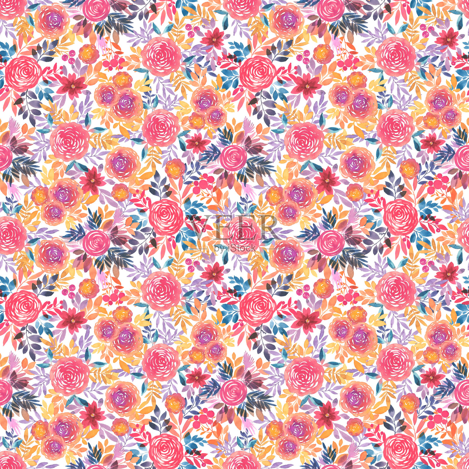 无缝水彩背景设计的明信片，横幅，邀请。色彩柔和的玫瑰和其他花朵的叶子。插画图片素材