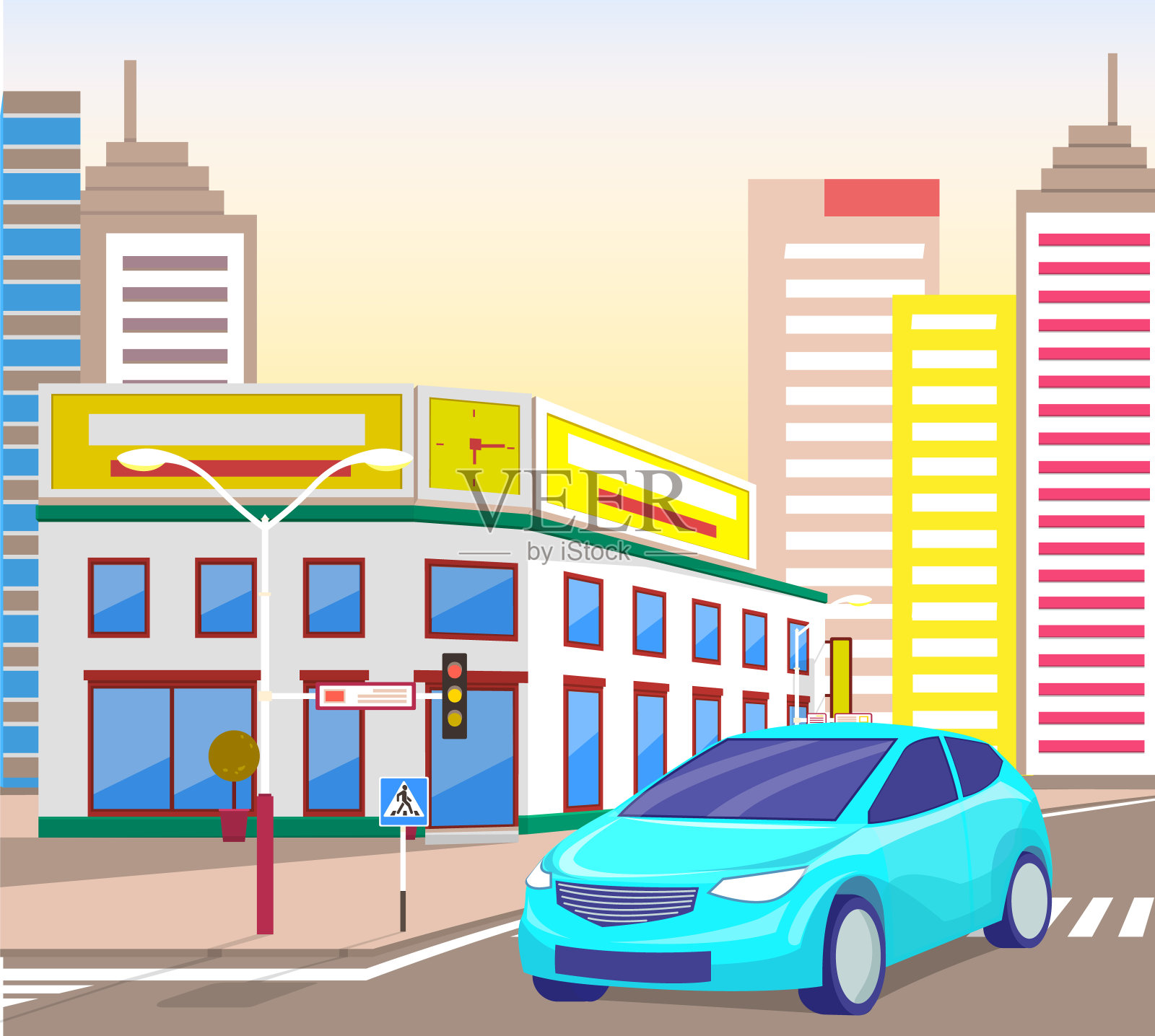 汽车在城市中心，市中心街道与城市景观插画图片素材