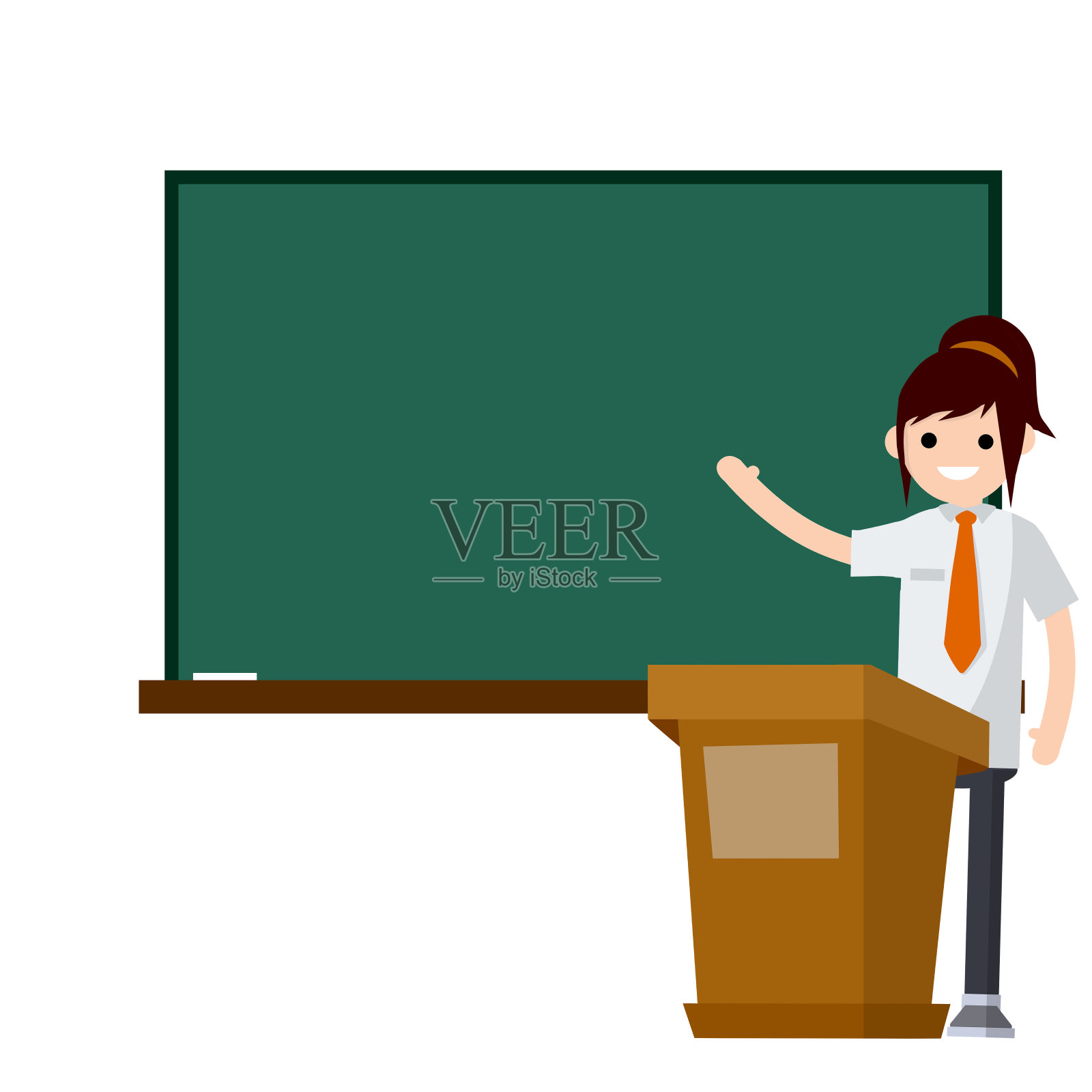 学校老师站在黑板附近。大学讲师在课堂上。为粉笔文字清洁黑板。女性西装。卡通平面插图。讲台上演讲。职业大学插画图片素材
