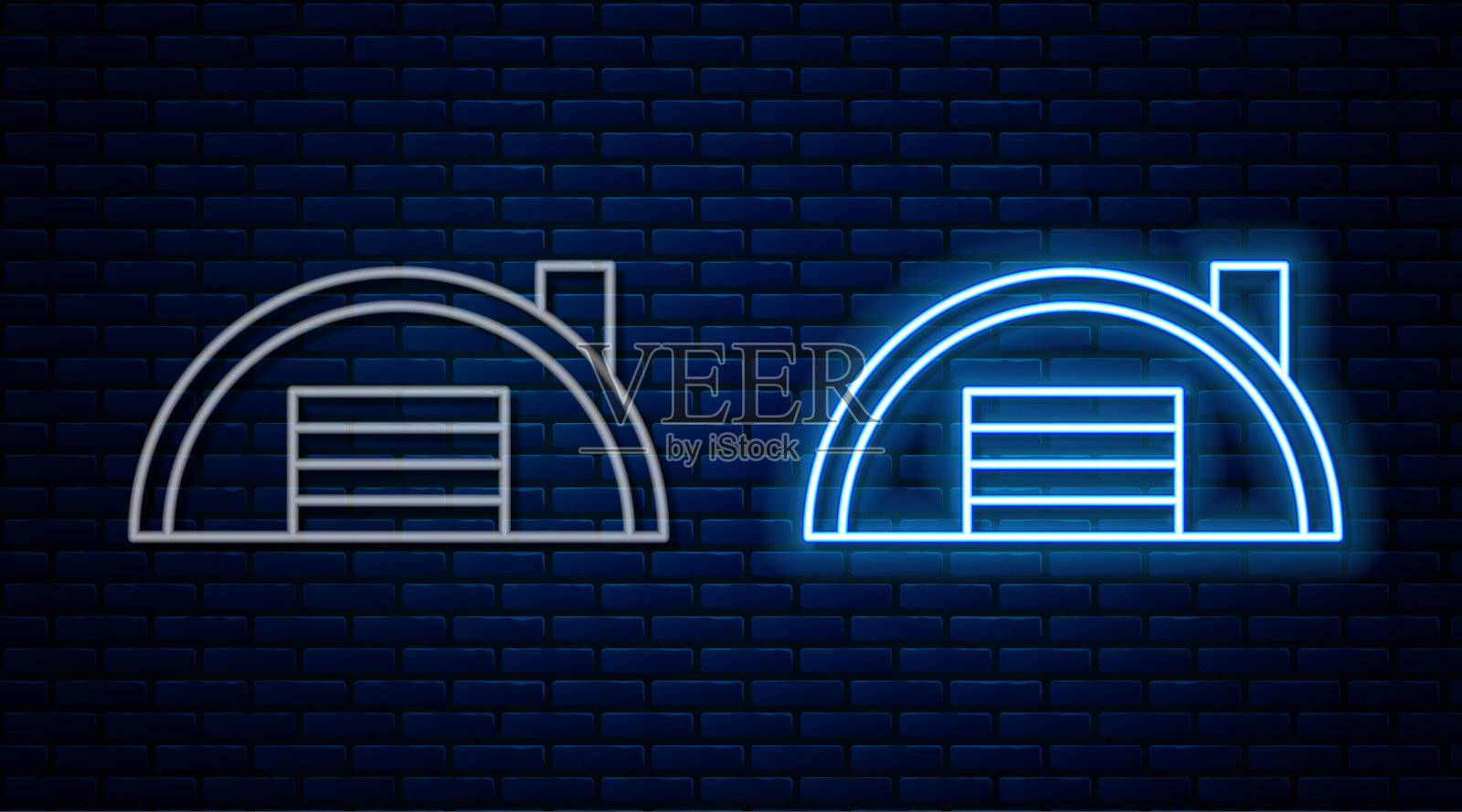 发光的霓虹灯线仓库图标孤立在砖墙背景。向量插画图片素材