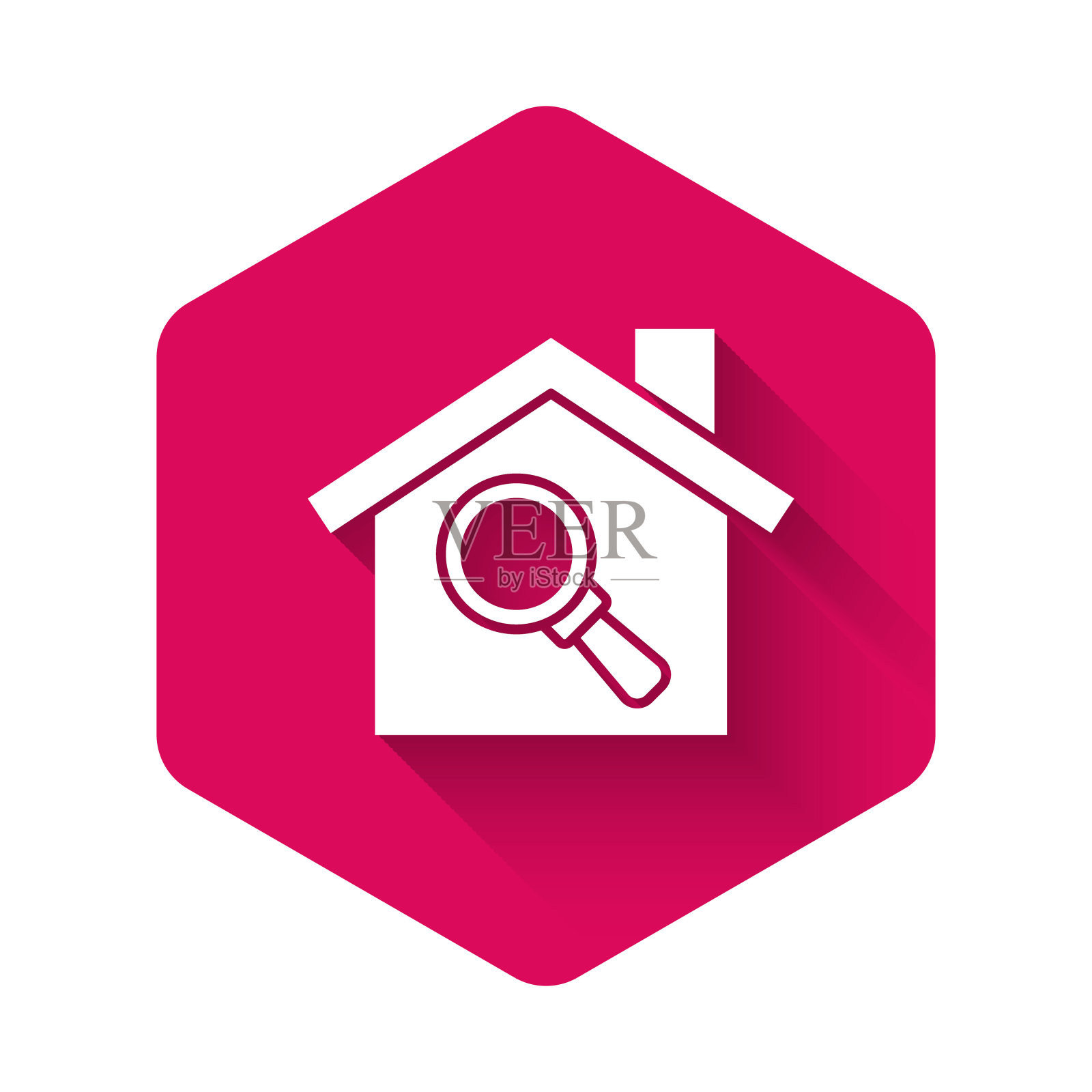 白色搜索房子图标孤立与长阴影背景。房地产象征着放大镜下的房子。粉红色的六角按钮。向量插画图片素材