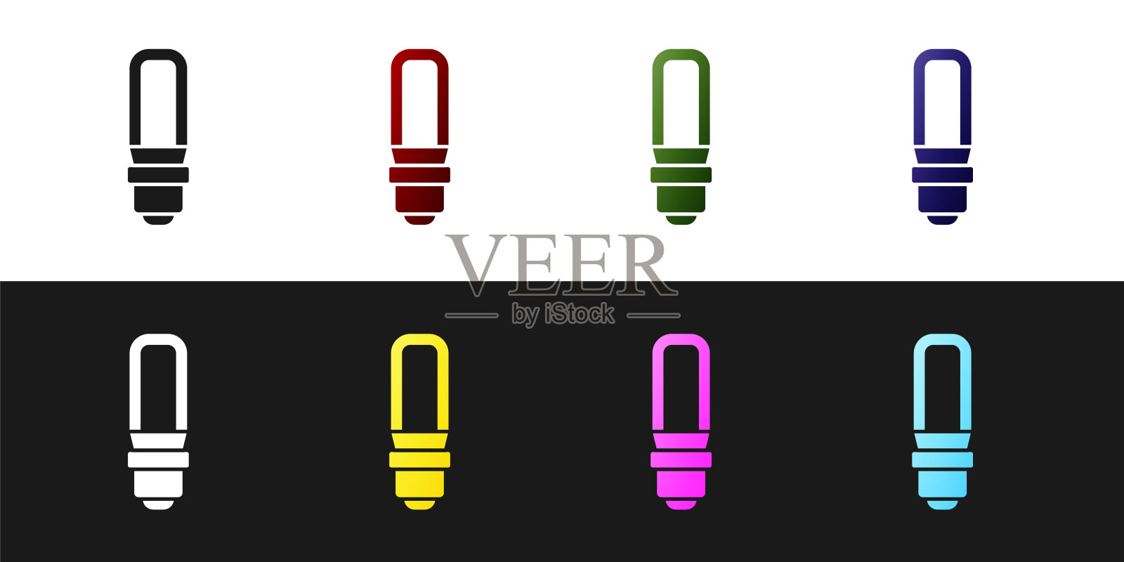 设置LED灯泡图标隔离在黑色和白色的背景。经济型LED照明灯泡。节约能源灯。向量插画图片素材