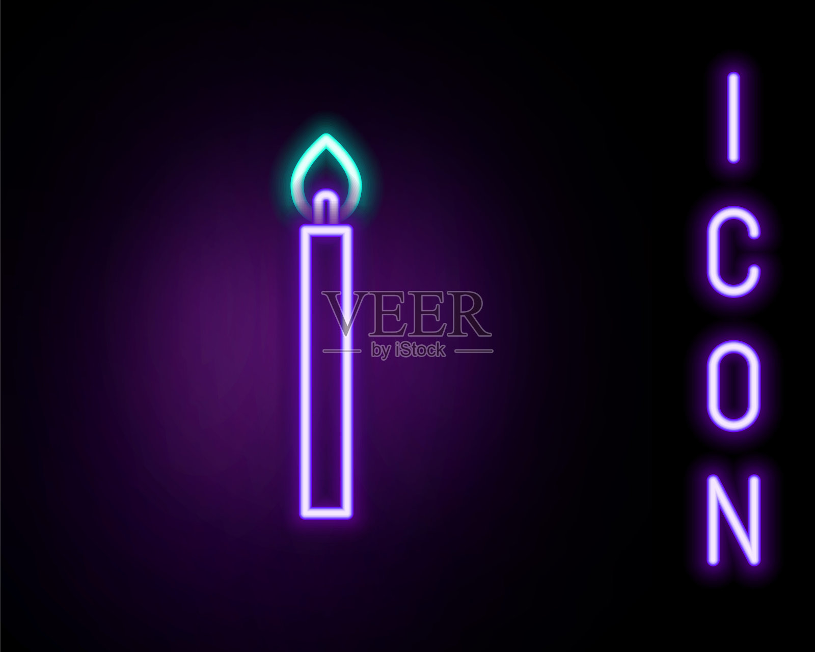 发光的霓虹灯线燃烧的蜡烛图标孤立在黑色的背景。燃烧着火焰的圆柱形蜡烛棒。色彩斑斓的轮廓的概念。向量插画图片素材