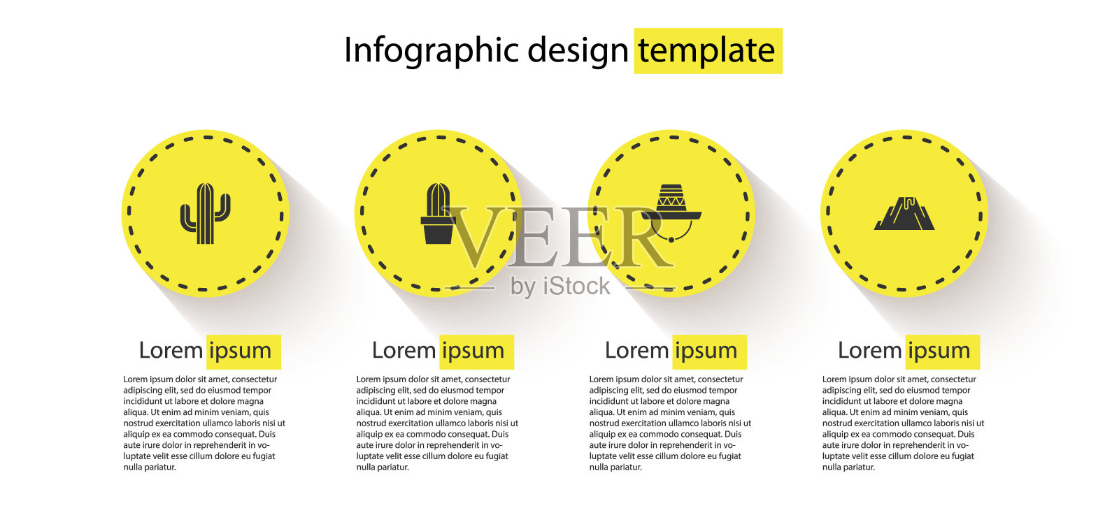 仙人掌，或多汁的花盆，墨西哥宽边帽和火山喷发熔岩。业务信息模板。向量设计模板素材