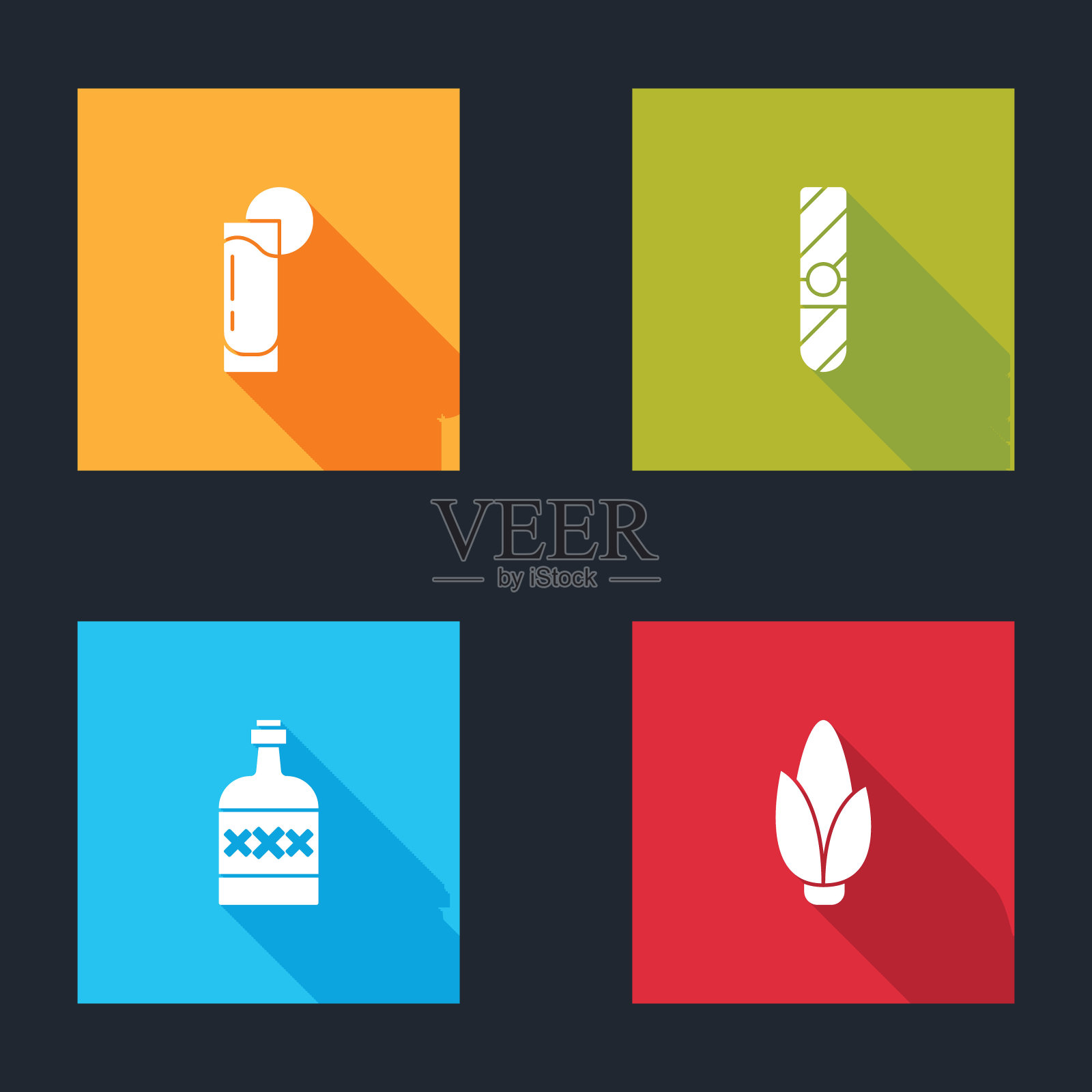 设置龙舌兰杯柠檬，雪茄，瓶子和玉米图标。向量图标素材