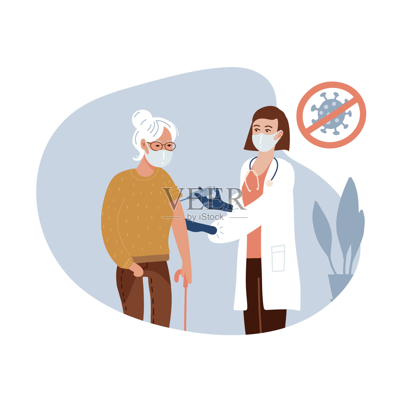 女医生在诊所给一位老年妇女接种冠状病毒疫苗。成人免疫、covid-19疫苗。免疫健康概念。平面插图孤立在白色背景上插画图片素材