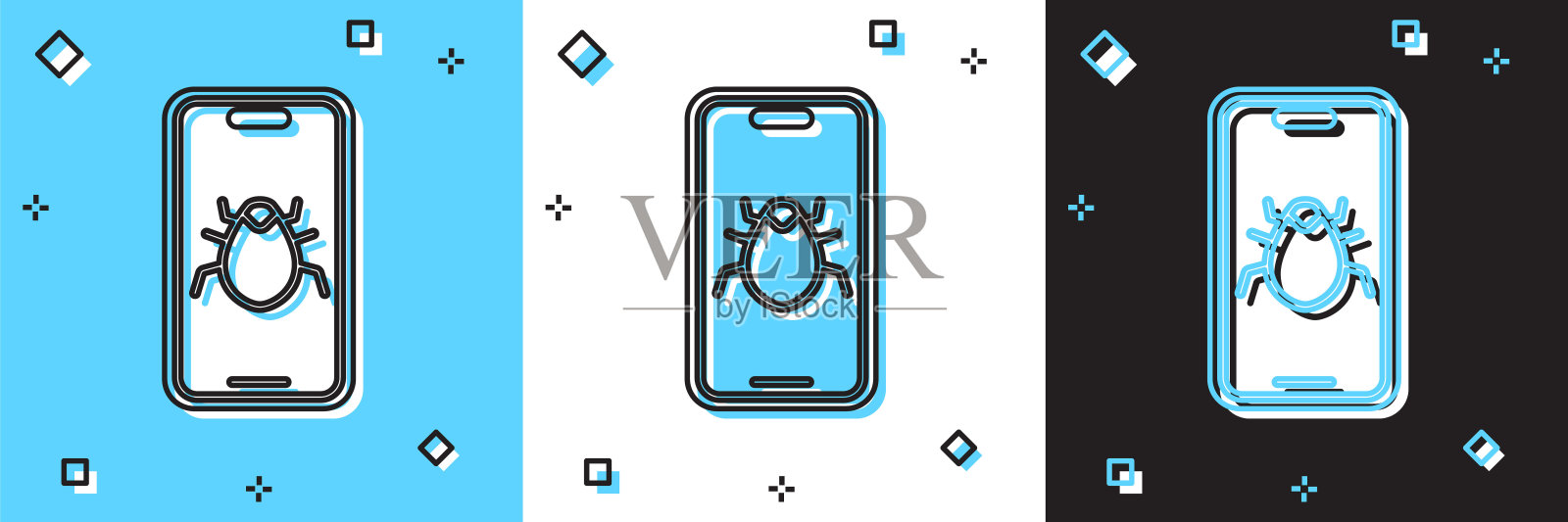 设置系统错误的移动图标孤立在蓝色和白色，黑色的背景。代码错误的概念。系统有漏洞。错误搜索。向量插画图片素材