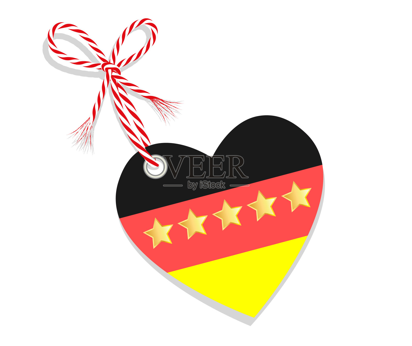 爱心形德国国旗，配红白色绳 cord 和品质星，矢量图，白色背景隔离插画图片素材