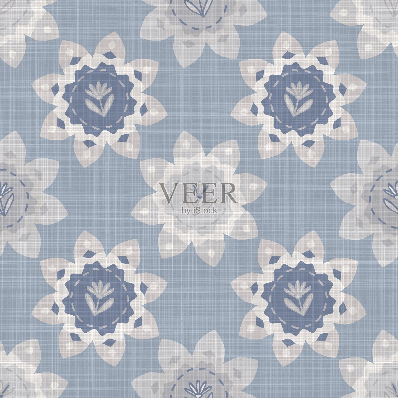 无缝法国农家亚麻印花花缎背景。普罗旺斯蓝灰色亚麻花纹纹理。破旧别致的编织风格模糊的背景。纺织农家全印插画图片素材