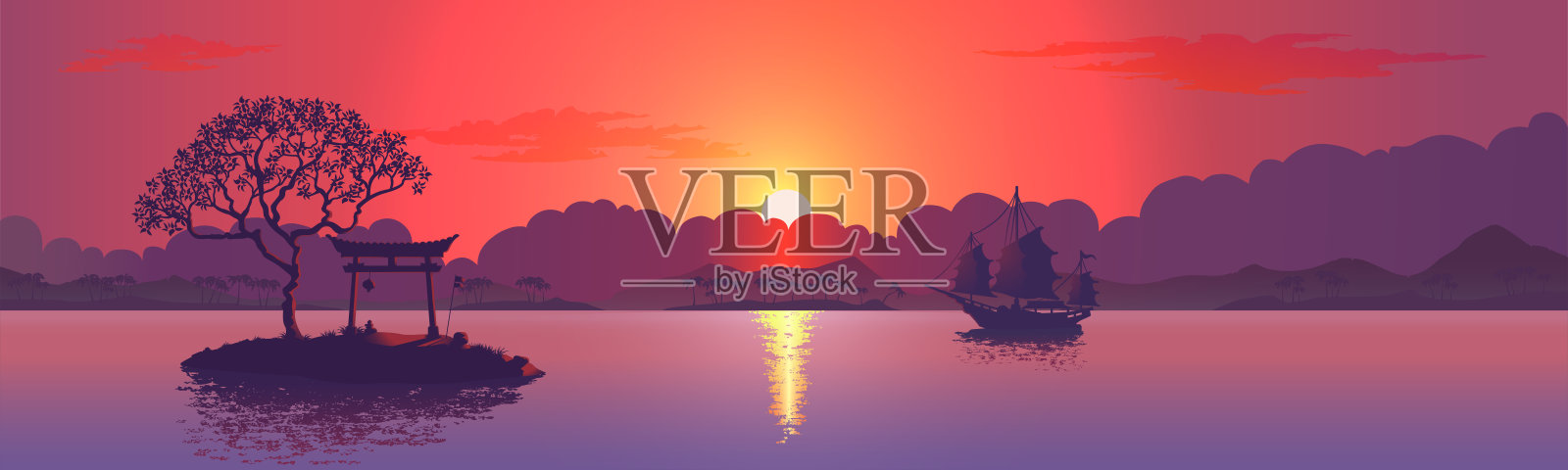 日落与中国拱门的剪影。逼真的矢量插图背景插画图片素材