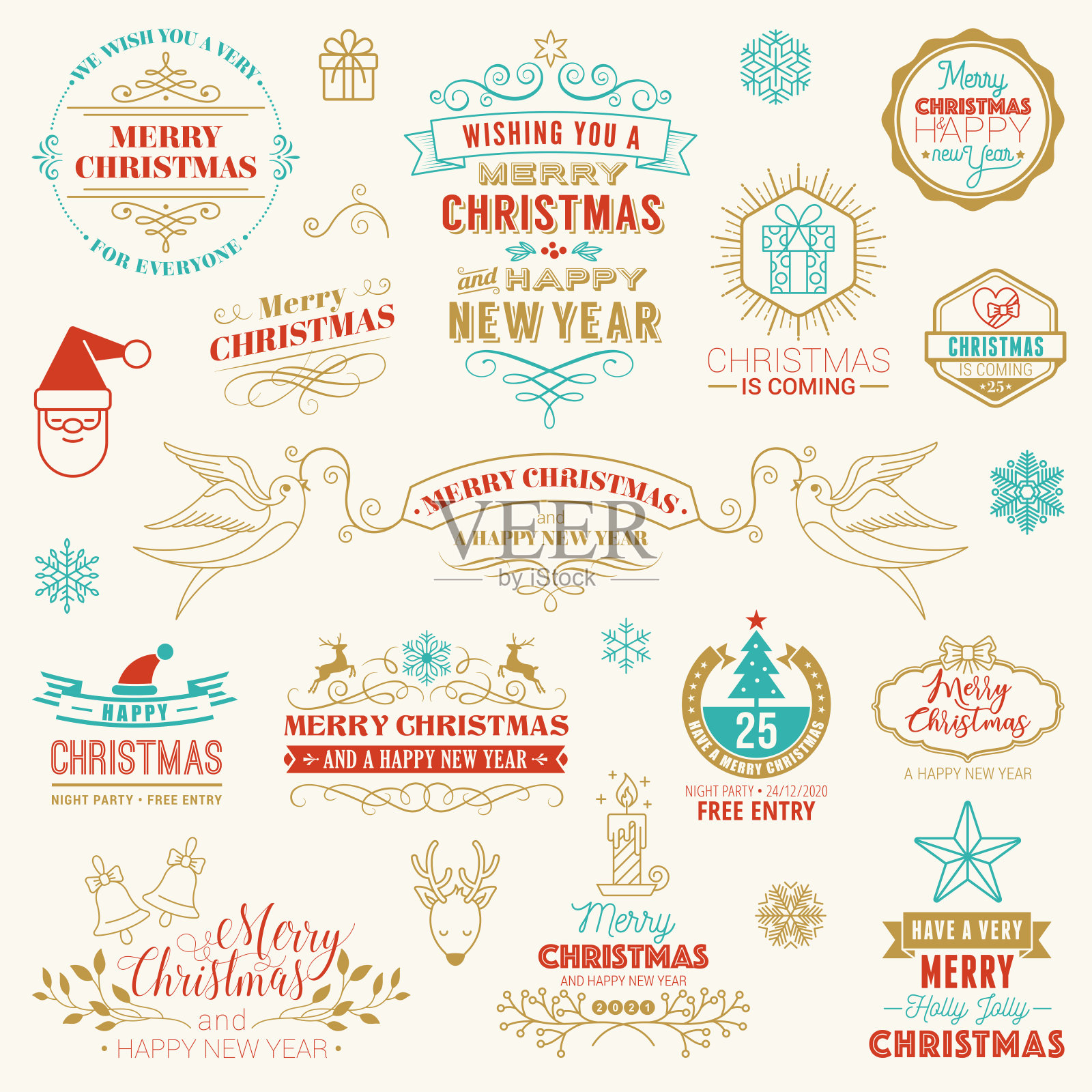 带有金色图标的圣诞卡插画图片素材