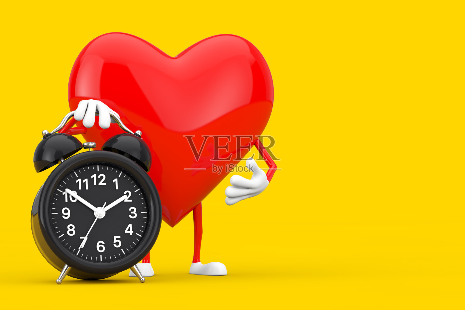 闹钟红心人物吉祥物。3d渲染照片摄影图片