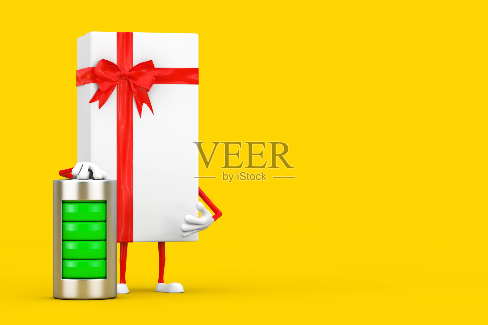 带有抽象充电电池的白色礼盒和红色丝带人物吉祥物。3d渲染照片摄影图片