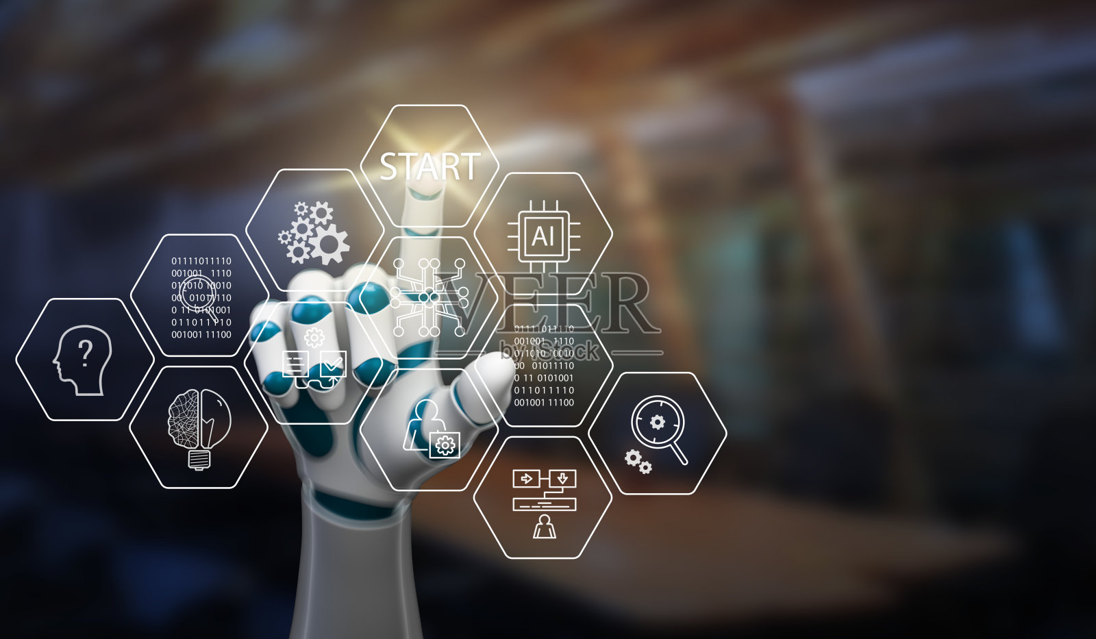 机器人手选择一个六边形瓷砖在界面上的单词开始- 3d插图照片摄影图片