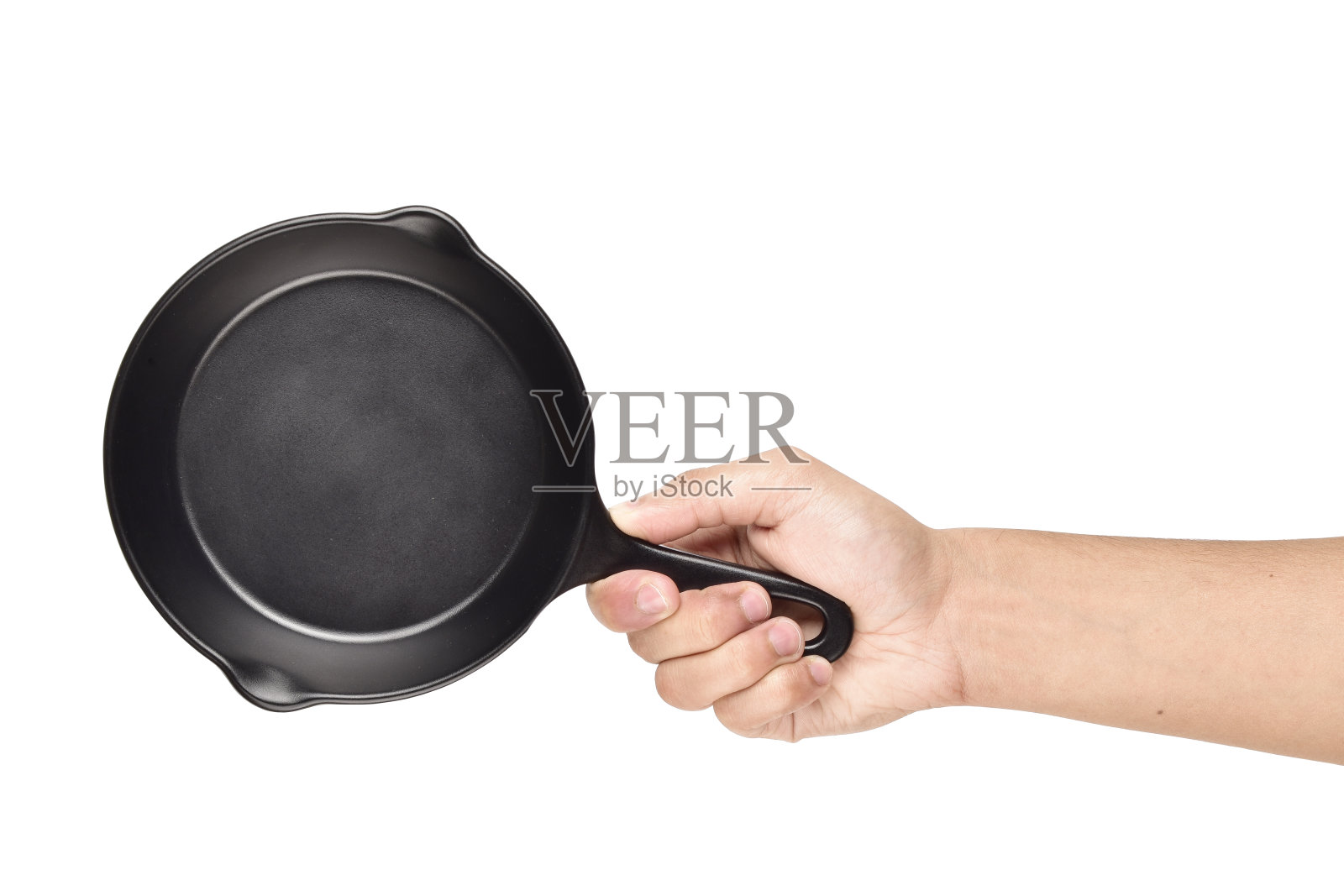 铸铁锅孤立在白色背景上，带夹径，手握铸铁锅照片摄影图片