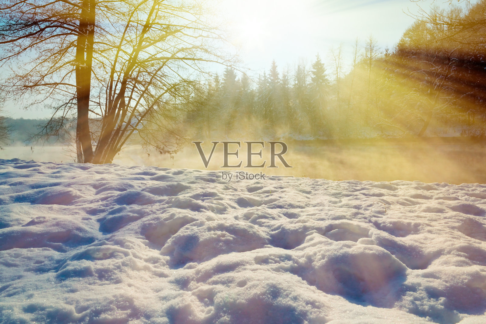 克罗地亚多布拉河，冬天的日出和薄雾笼罩着白雪覆盖的河面照片摄影图片