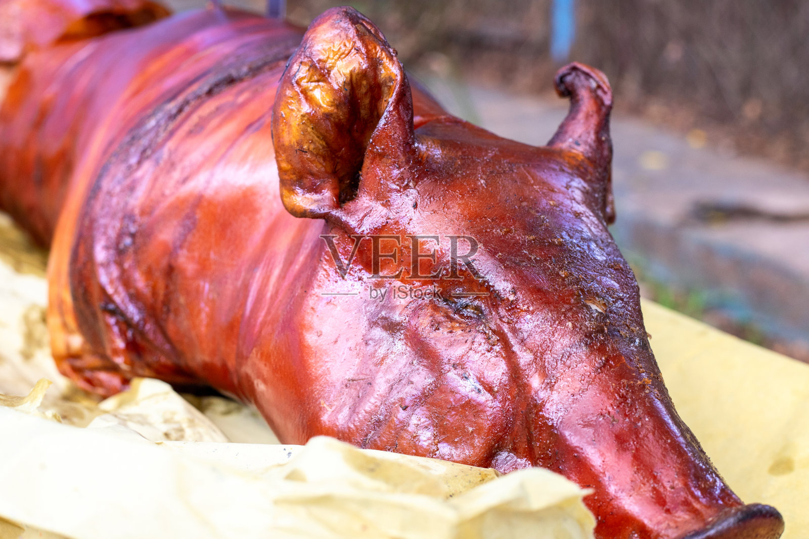 桌上烤猪，猪头特写。传统的西班牙烹饪。节日或大型户外聚会用的肉类菜肴。整个烤猪肉。烧烤聚会。烧烤猪头特写照片摄影图片