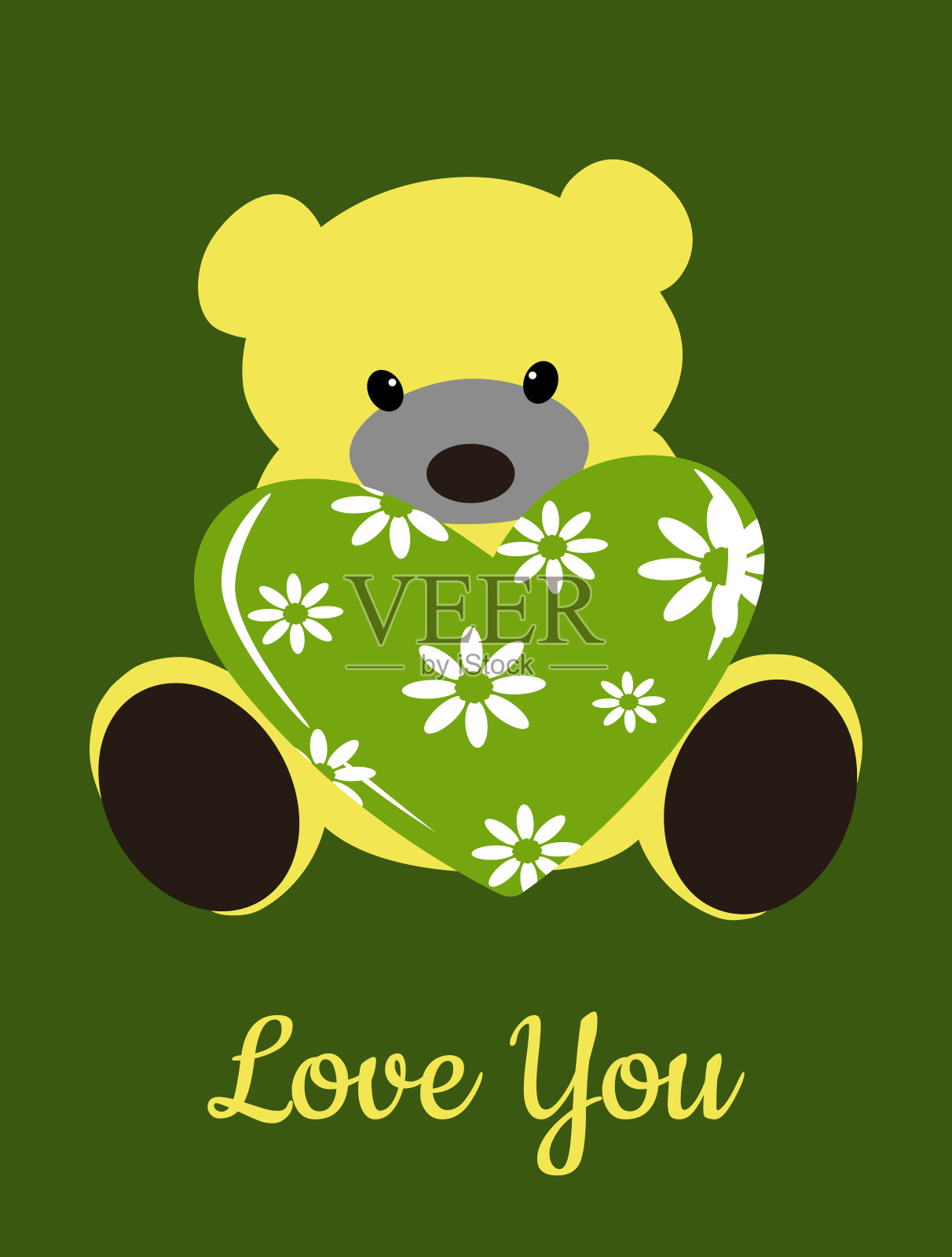 可爱的小熊和春天的花心。绿色的情人节卡片。在杯子，枕头，纺织品，衣服，t恤上的时尚印花模板。矢量图形。插画图片素材