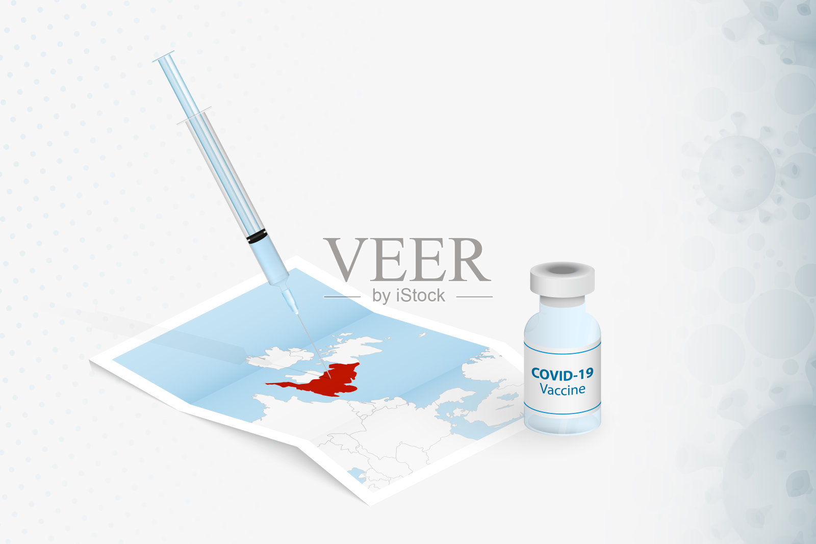 英国疫苗接种，在英格兰地图上注射新冠病毒疫苗。插画图片素材