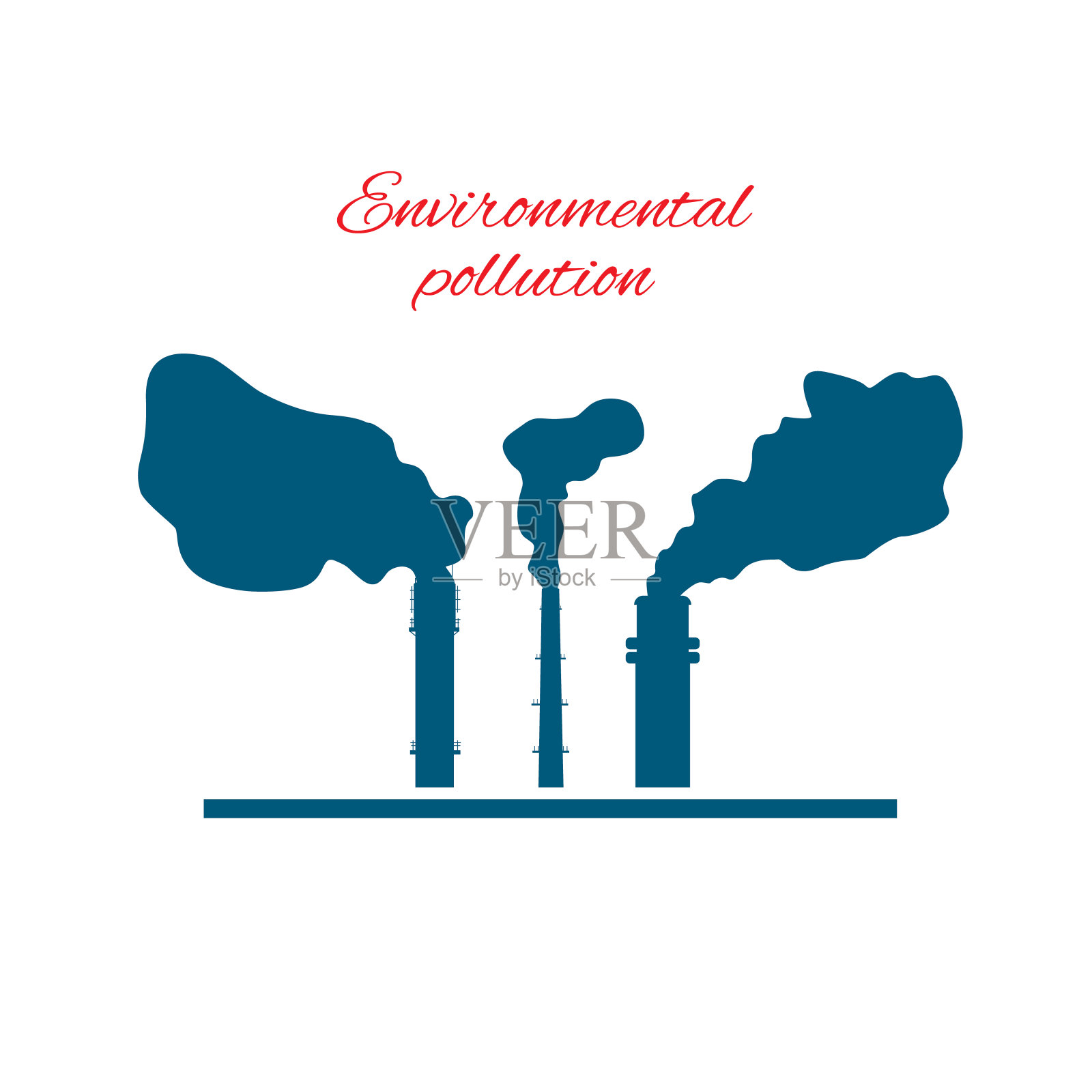 带有有毒蒸汽的工业管道，上面写着“环境污染”。三根水管的影子。生态学的概念。白色背景上的孤立元素。矢量图像。插画图片素材