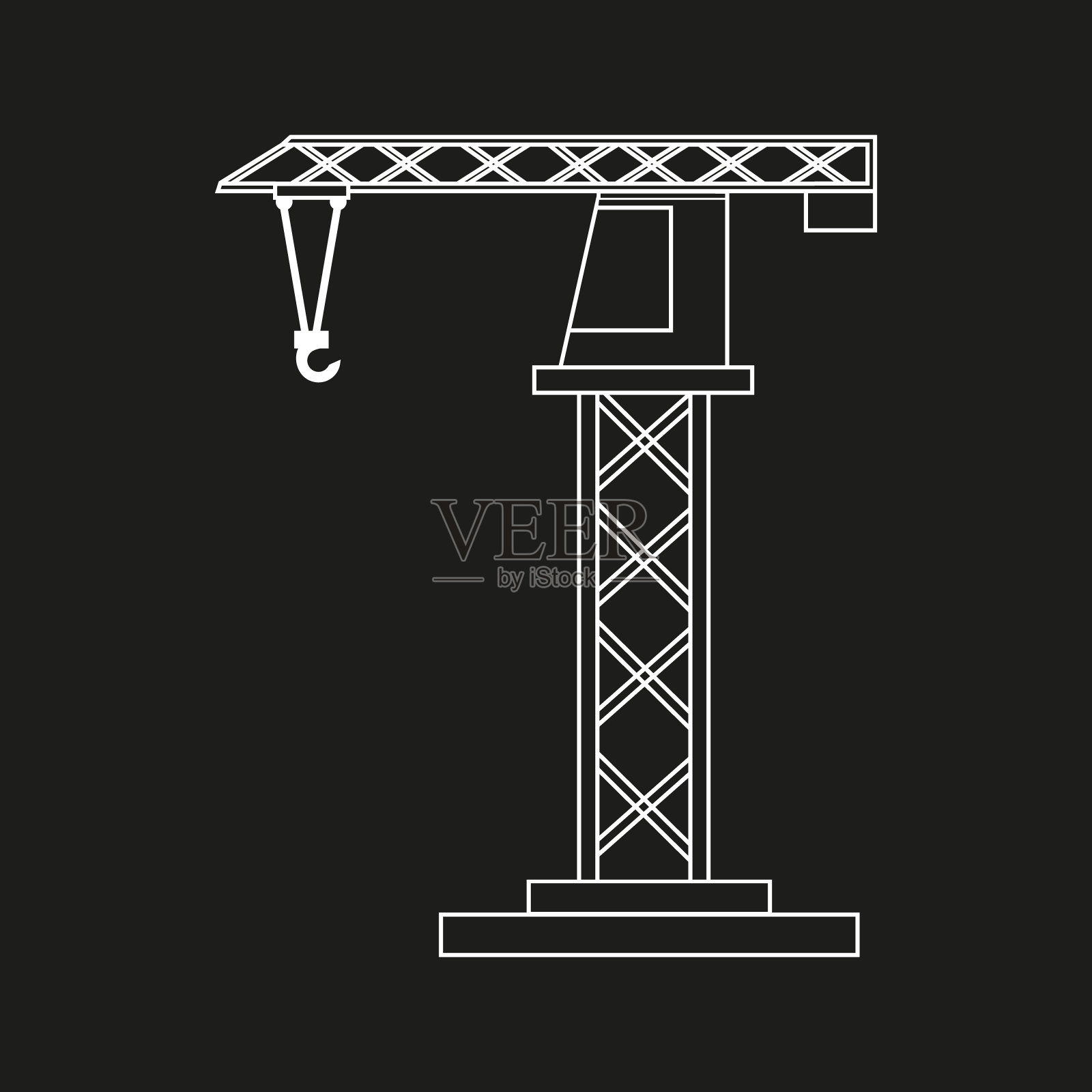 建筑、工业起重机。带有驾驶室和电缆的现代电梯。白线在黑线上。徽章或标志。矢量插图。平的风格。插画图片素材