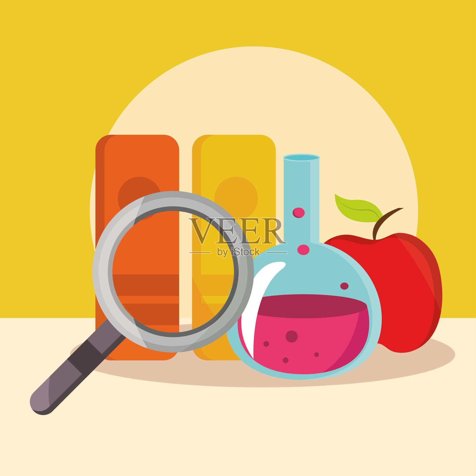 回到学校教育化学试管放大镜书籍和苹果插画图片素材