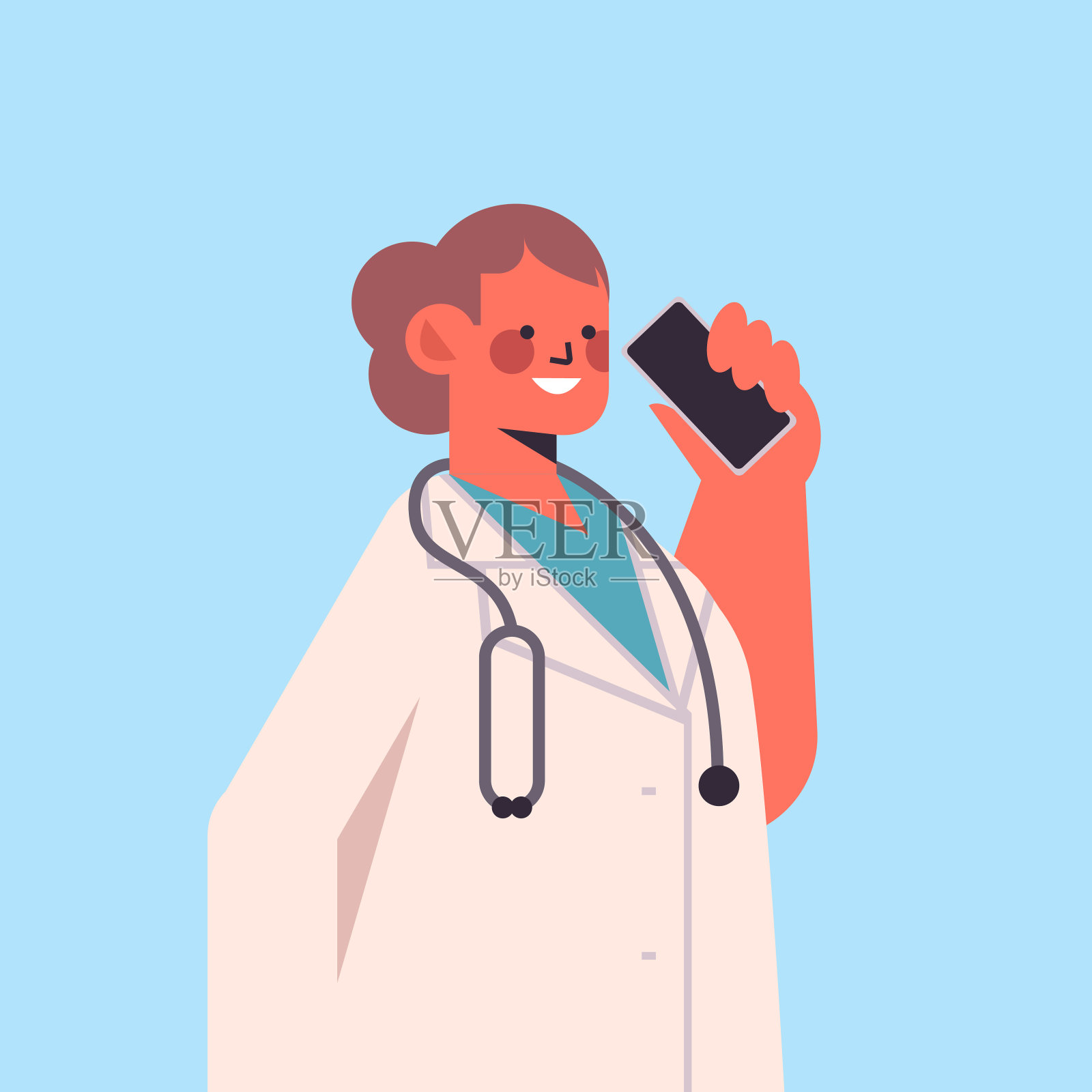 穿着制服的女医生在电话里讲保健医学概念快乐的女医务工作者肖像矢量插图插画图片素材