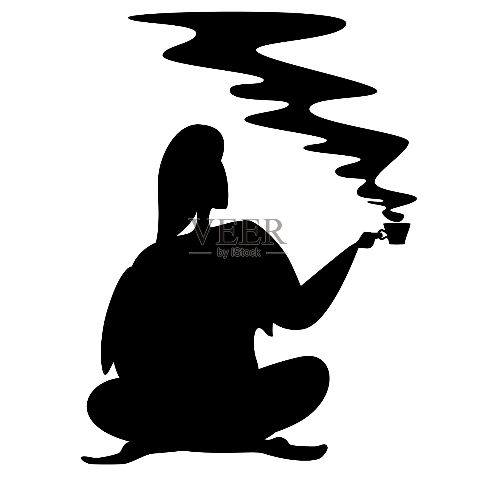 一个女人盘腿坐着，手里拿着一杯热茶或咖啡。白色背景上的黑色剪影。插画图片素材