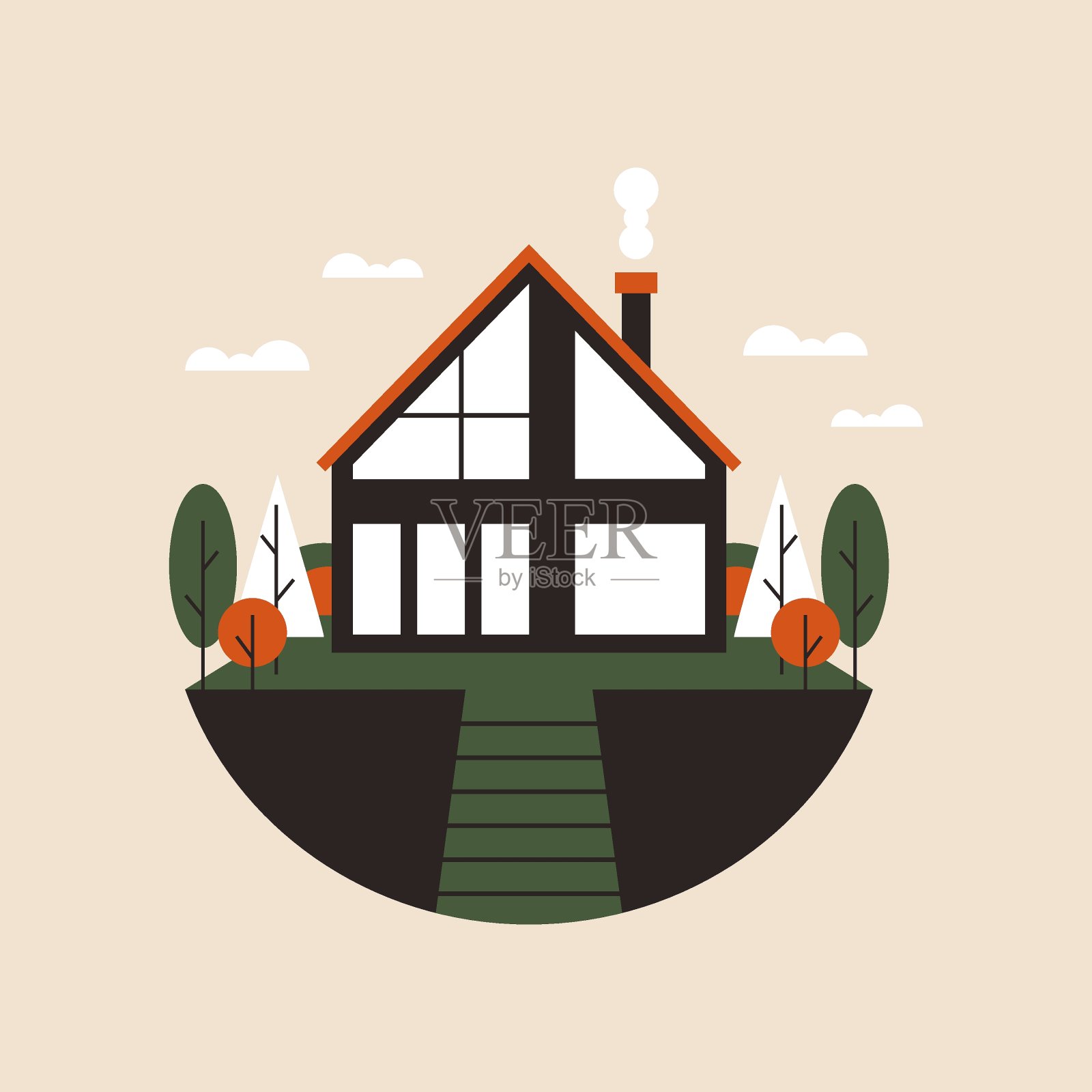 现代的木质a型框架房屋。谷仓房屋建筑设计，抽象建筑外观与树木。矢量图插画图片素材