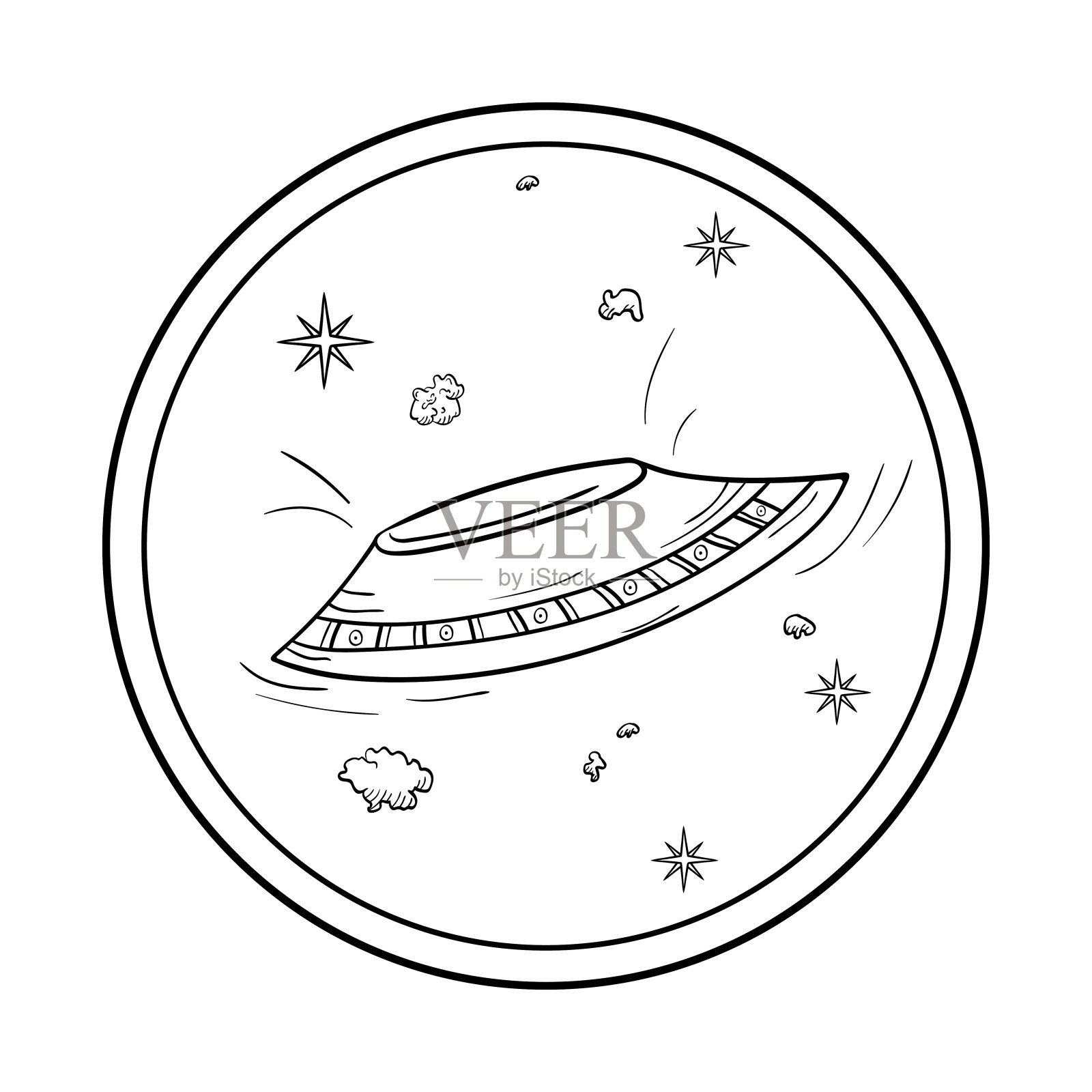 飞碟、星星和小行星。涂鸦风格的太空物体。插画图片素材