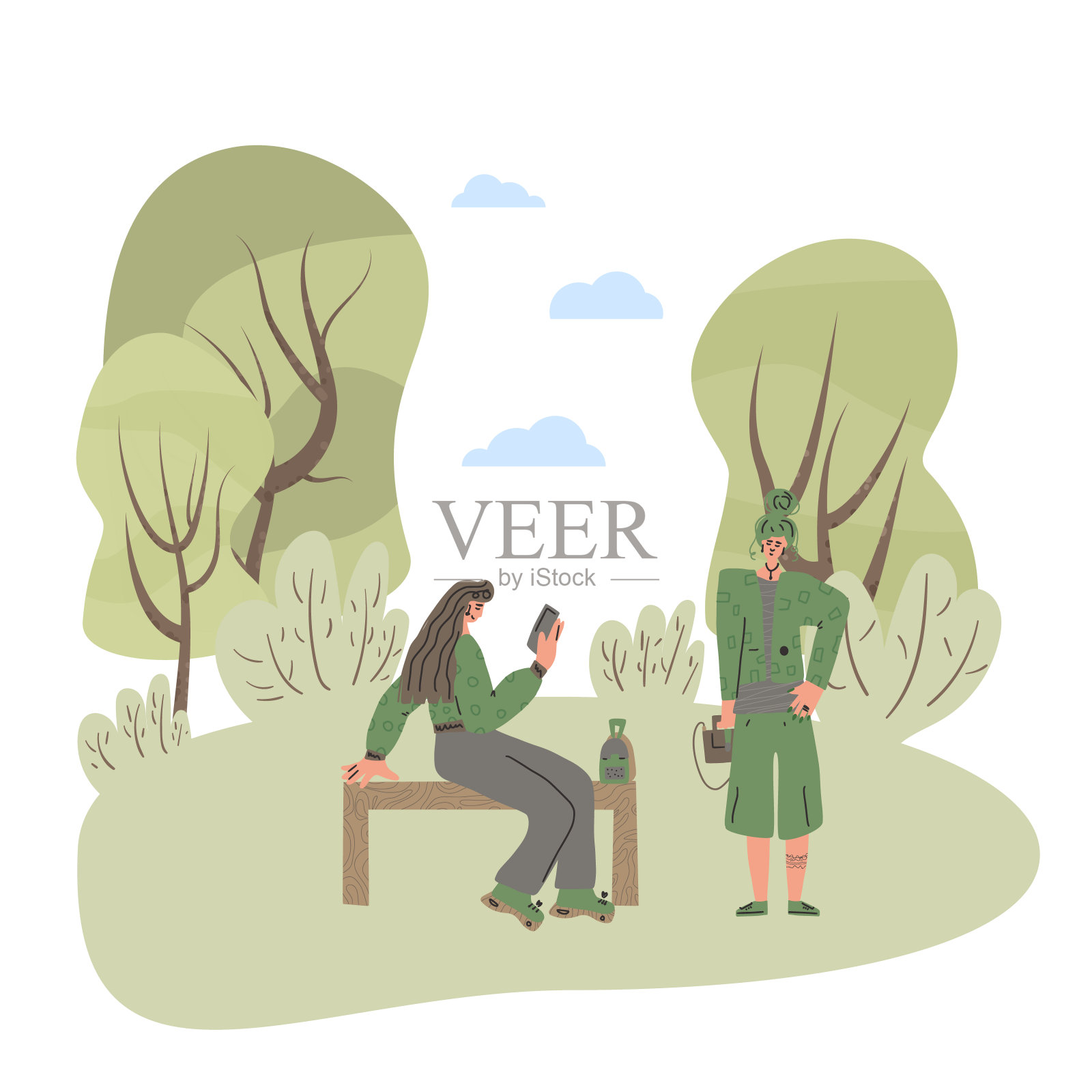 女孩角色分离。矢量可爱的falt女人。插画图片素材