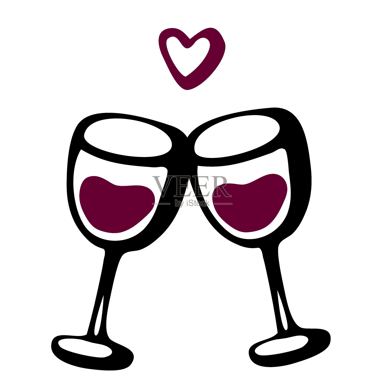 矢量涂鸦手绘素描黑红色插图的两个葡萄酒杯夫妇爱饮料符号符号线图标在白色的背景。情人节明信片，周年纪念贺卡插画图片素材