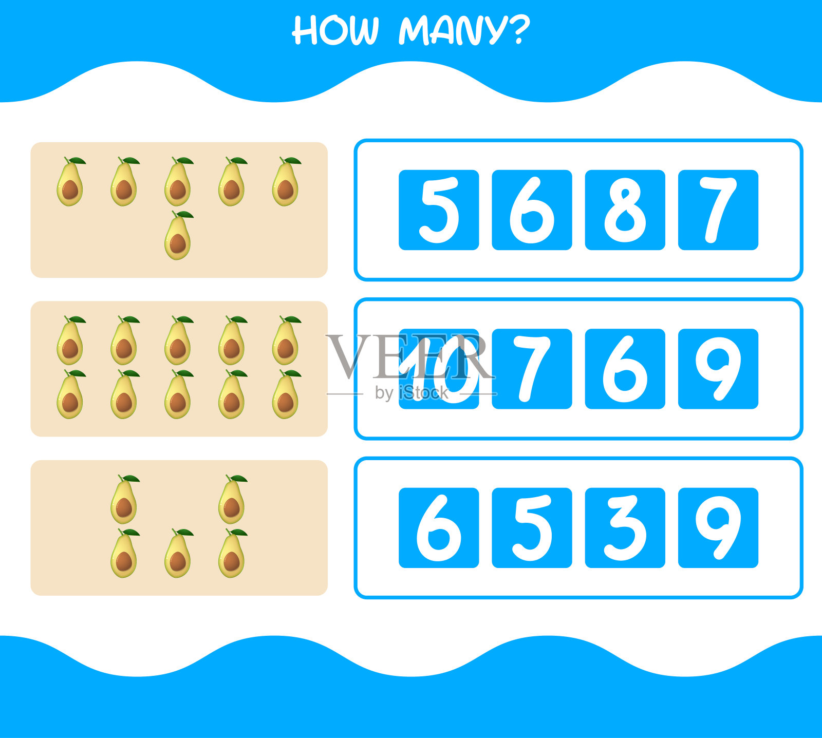 有多少卡通鳄梨。计算游戏。学前儿童和学步儿童的教育游戏插画图片素材