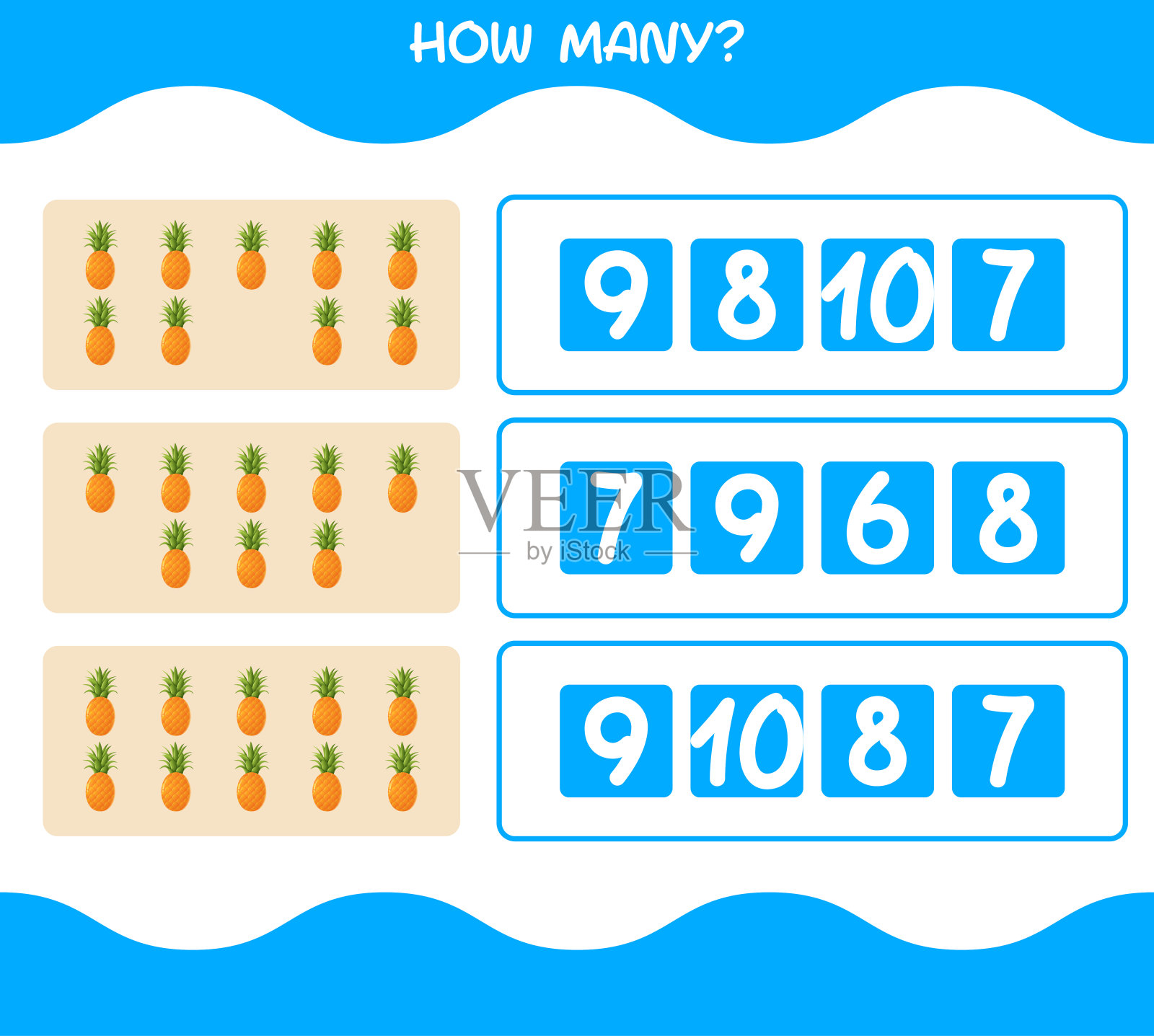 有多少卡通菠萝。计算游戏。学前儿童和学步儿童的教育游戏插画图片素材