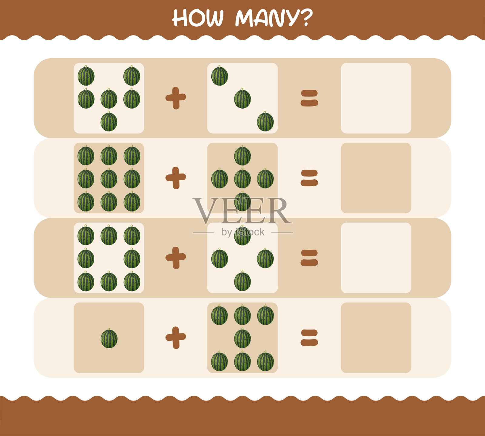 有多少卡通西瓜。计算游戏。学前儿童和学步儿童的教育游戏插画图片素材