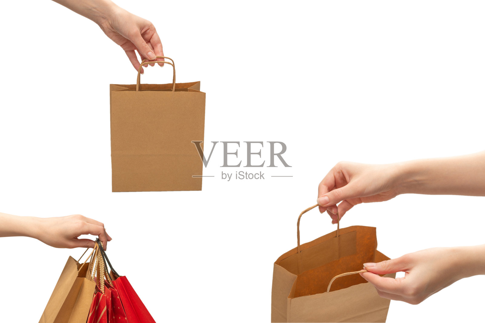 女人手里的纸袋孤立在白色背景上。照片摄影图片