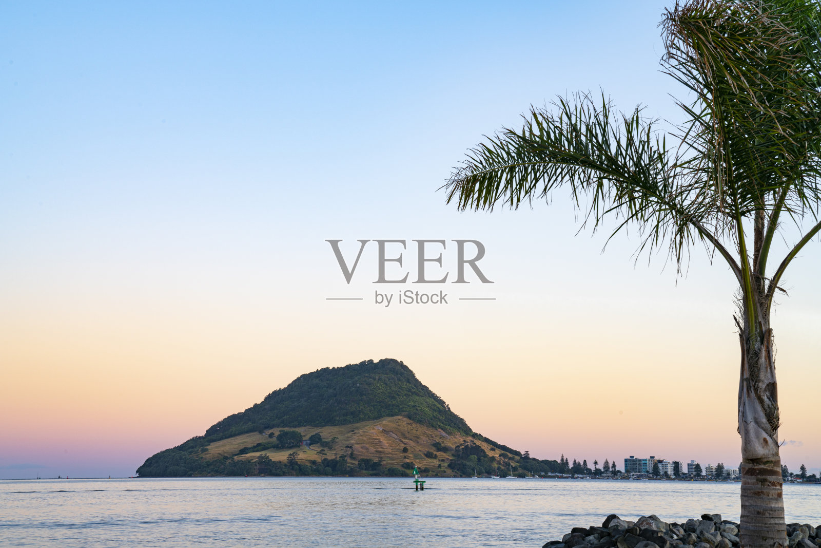 从硫磺角穿过陶兰加港的地平线上的地标芒格努伊山照片摄影图片