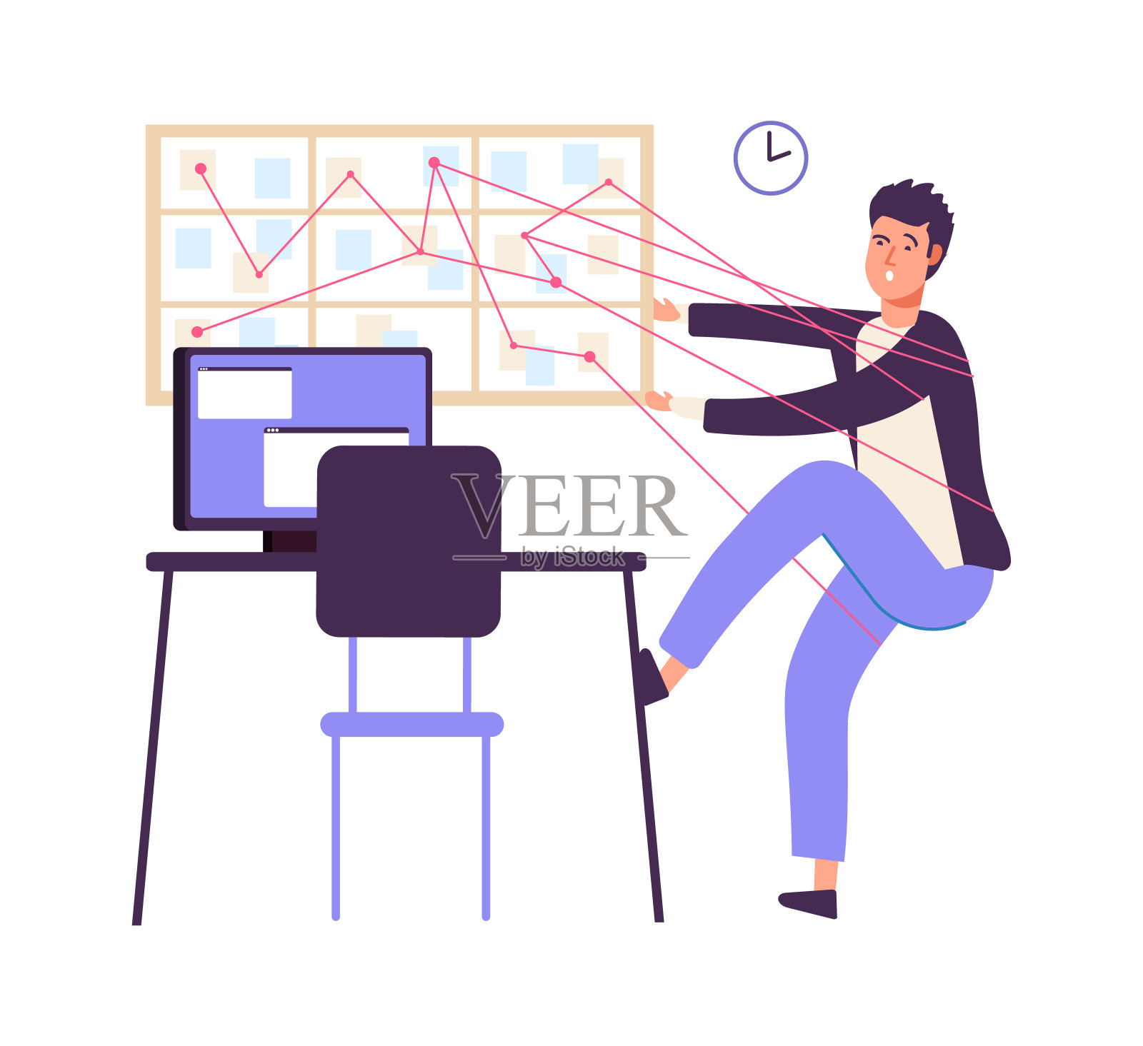 时间管理。人有组织的工作，无效率的任务板。经理疲惫，无序的进度矢量图插画图片素材