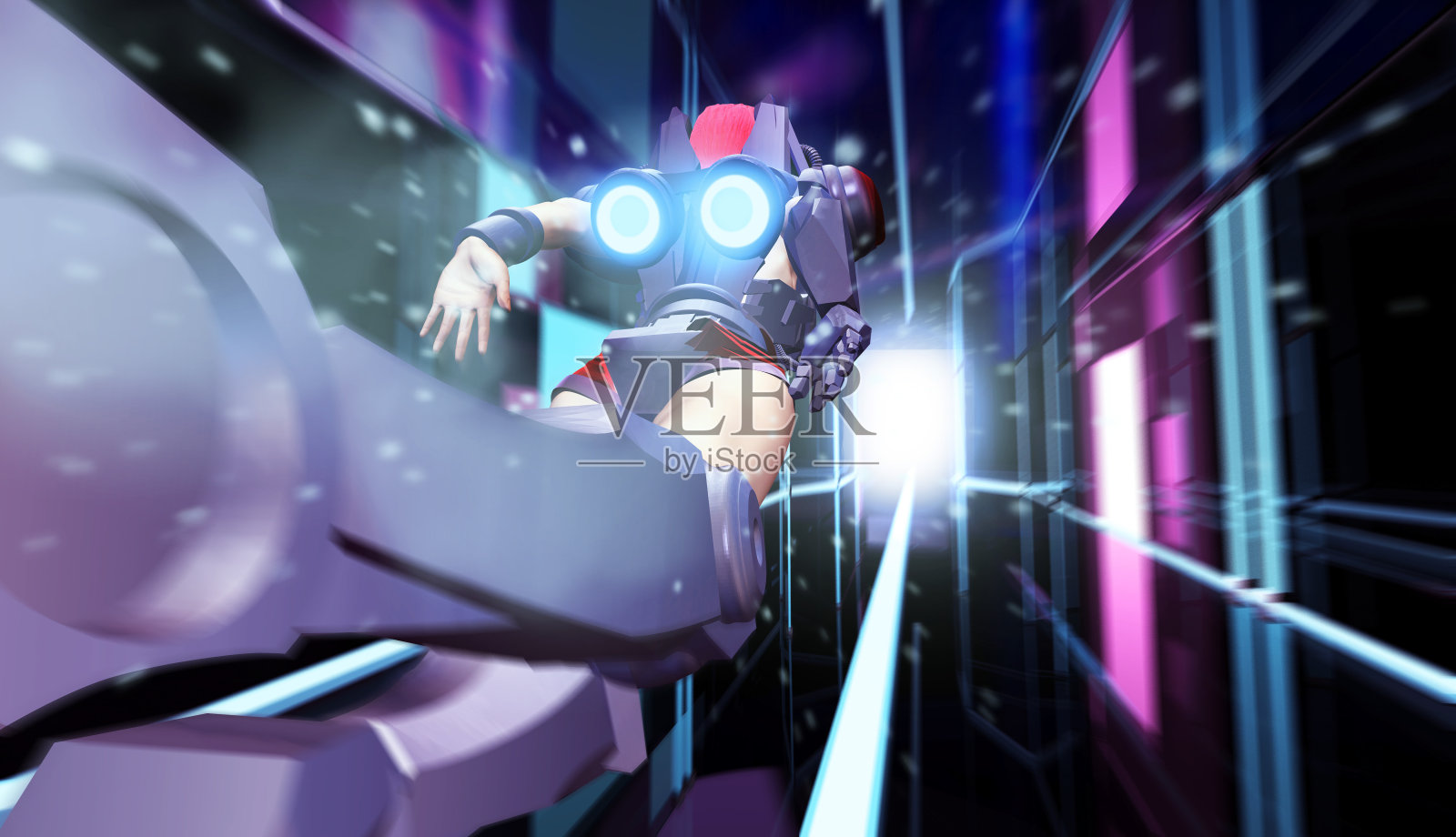 一个穿着机器人太空服的科幻女性的3d渲染图像。照片摄影图片