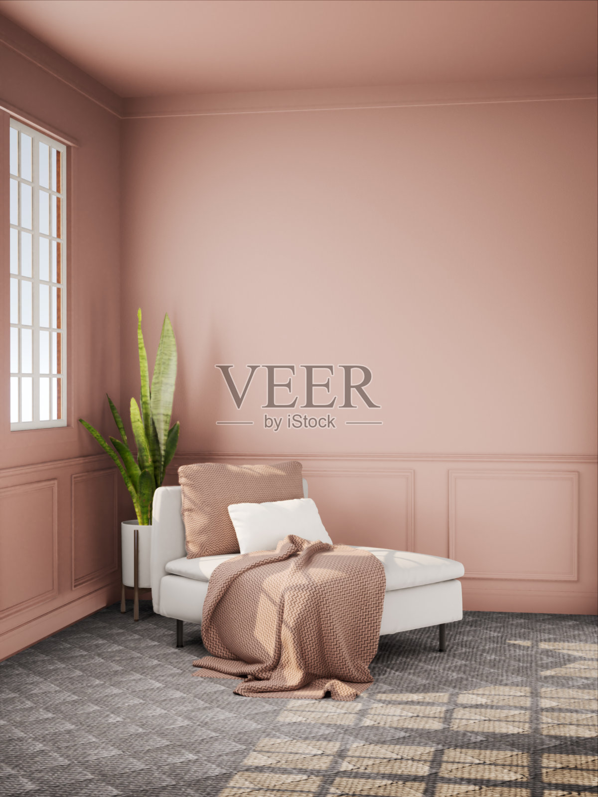 粉色房间室内设计，配有白色沙发。房间模型时尚，现代复古客厅室内3d渲染插图照片摄影图片