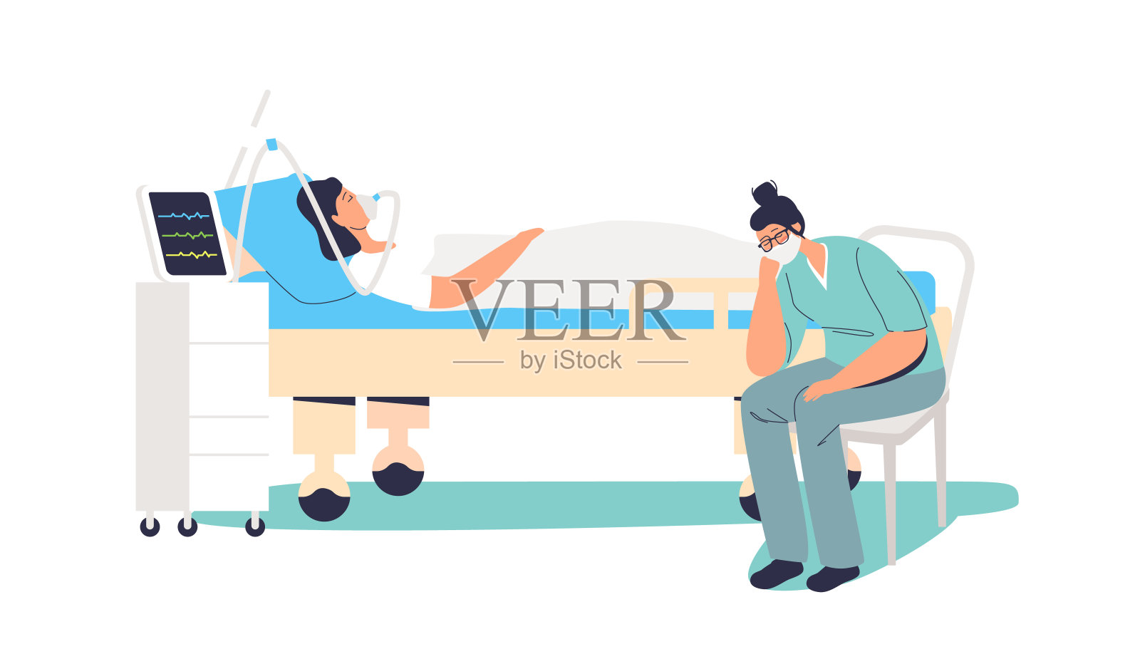 疲惫的护士一边睡觉一边用氧气面罩观察病人。医务工作者过度劳累插画图片素材