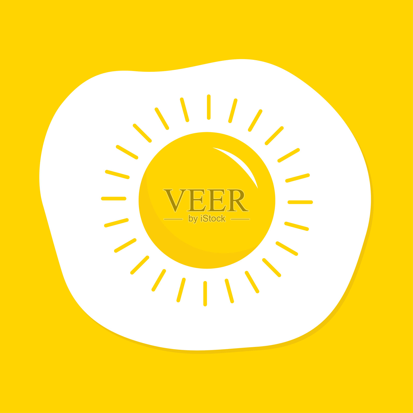 炒蛋图标。阳光照耀的蛋黄形状。顶视图的特写镜头。早上好。早餐菜单。可爱的卡通食品。平面设计。黄色背景。孤立。插画图片素材