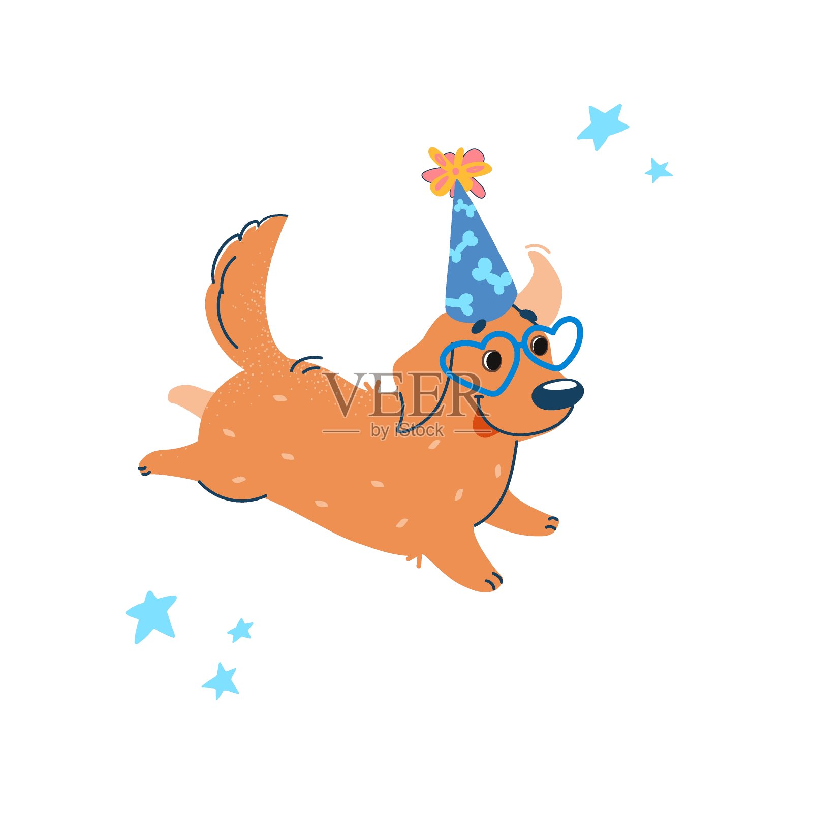 有趣的拉布拉多在跑步。可爱的小狗戴着节日帽和心形眼镜。卡通风格的寻回犬。矢量插图关于狗在一个聚会孤立在白色插画图片素材