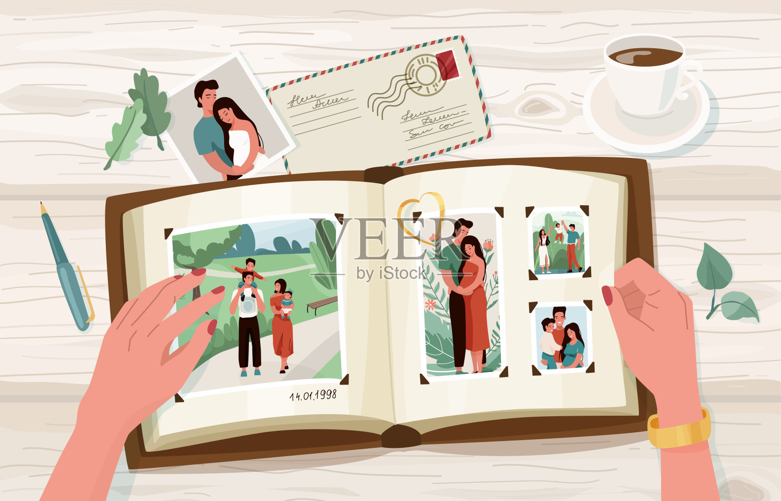 相册与家庭照片，矢量插图在简单的卡通平面风格。女人的双手捧着一本打开的难忘的书。俯视图插画图片素材