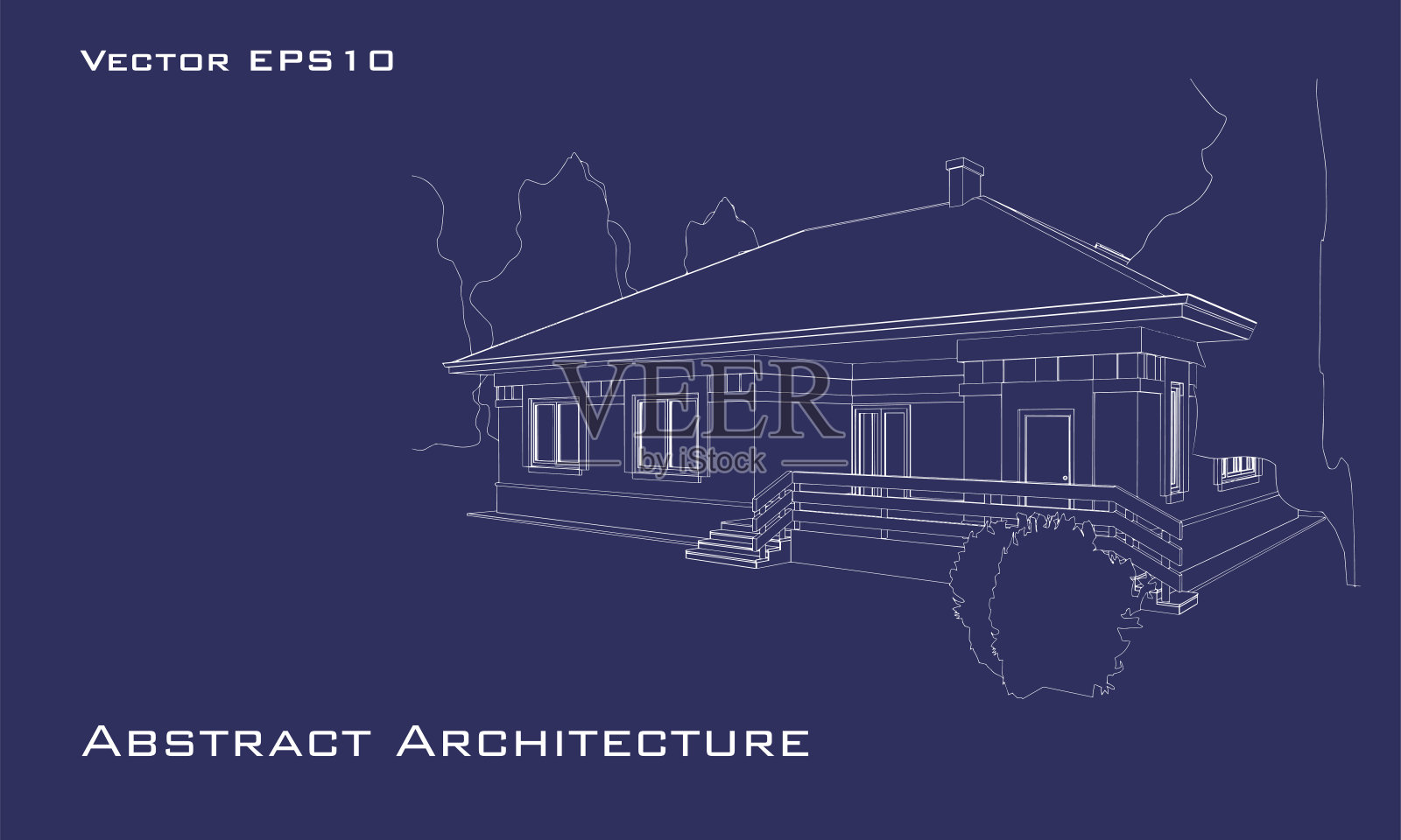 建筑背景与草图的房子。农舍的透视图。蓝色和白色矢量插图插画图片素材